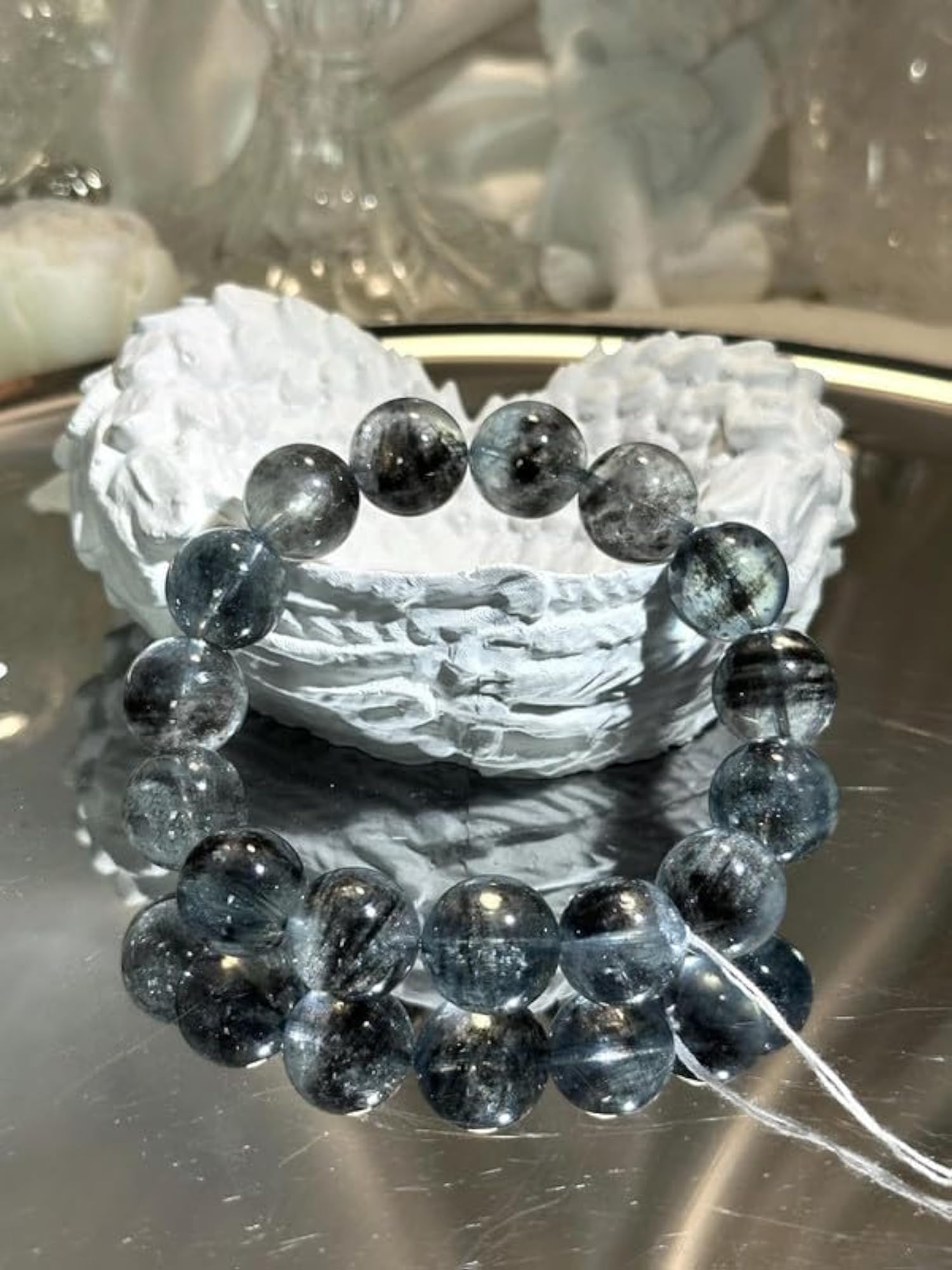 Unisex Natural Aquamarine 14mm Round Bead Stretch Bracelet