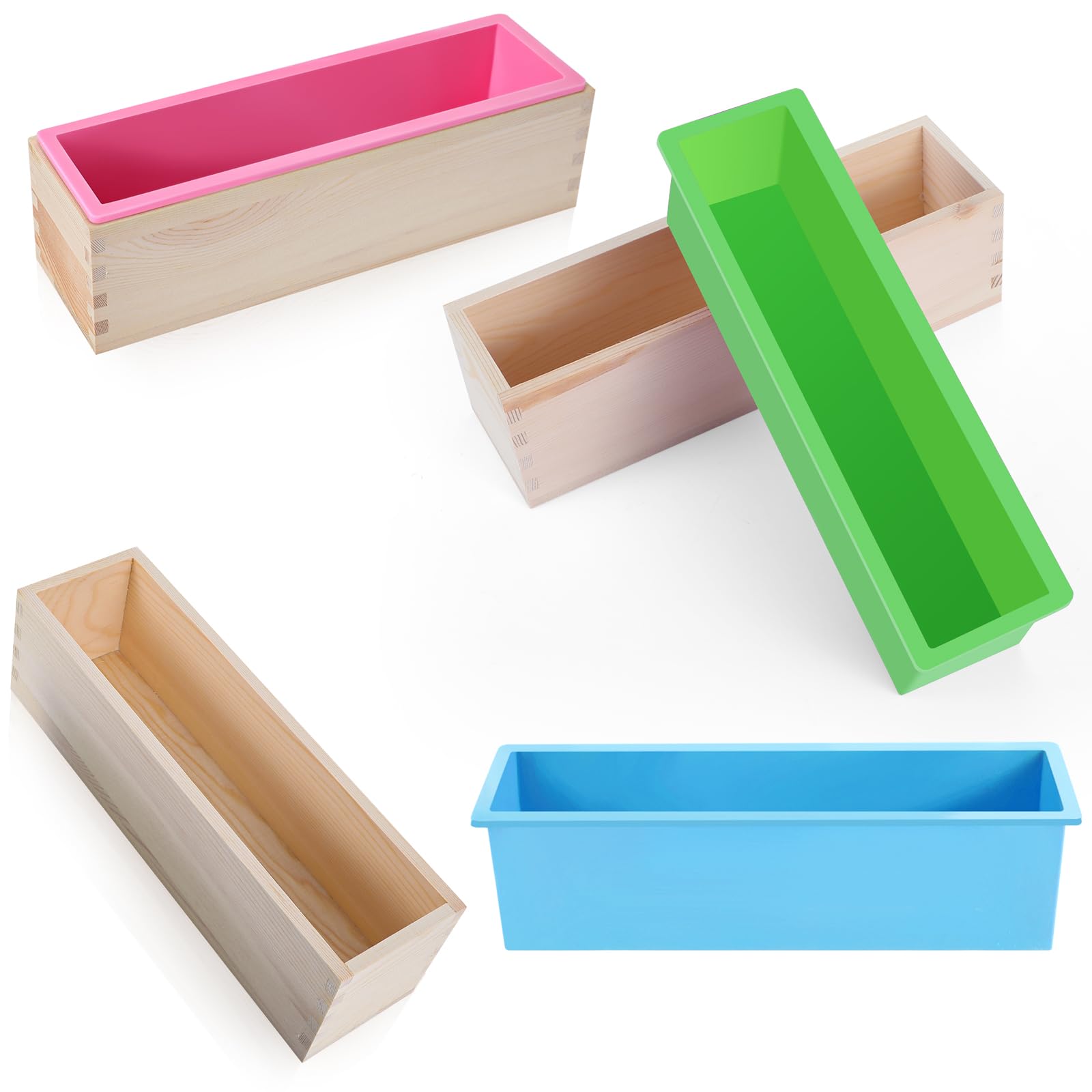Ziliny Kit de 3 moldes de silicona para jabón con caja de madera, molde rectangular de silicona, moldes flexibles para hacer jabón artesanal, herramienta de bricolaje casera (verde, rosa, azul)