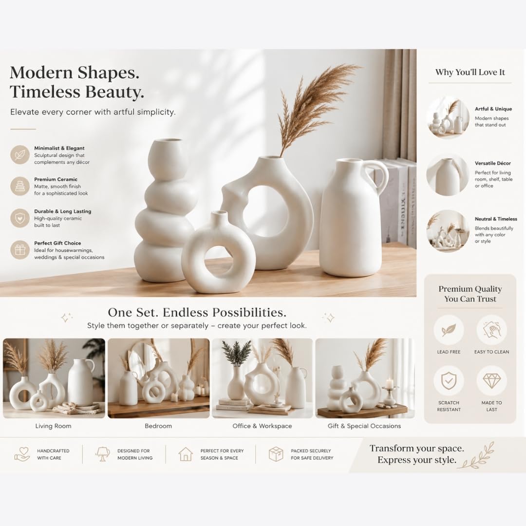 4 Ceramic Vases - Modern White Floral Vases -5