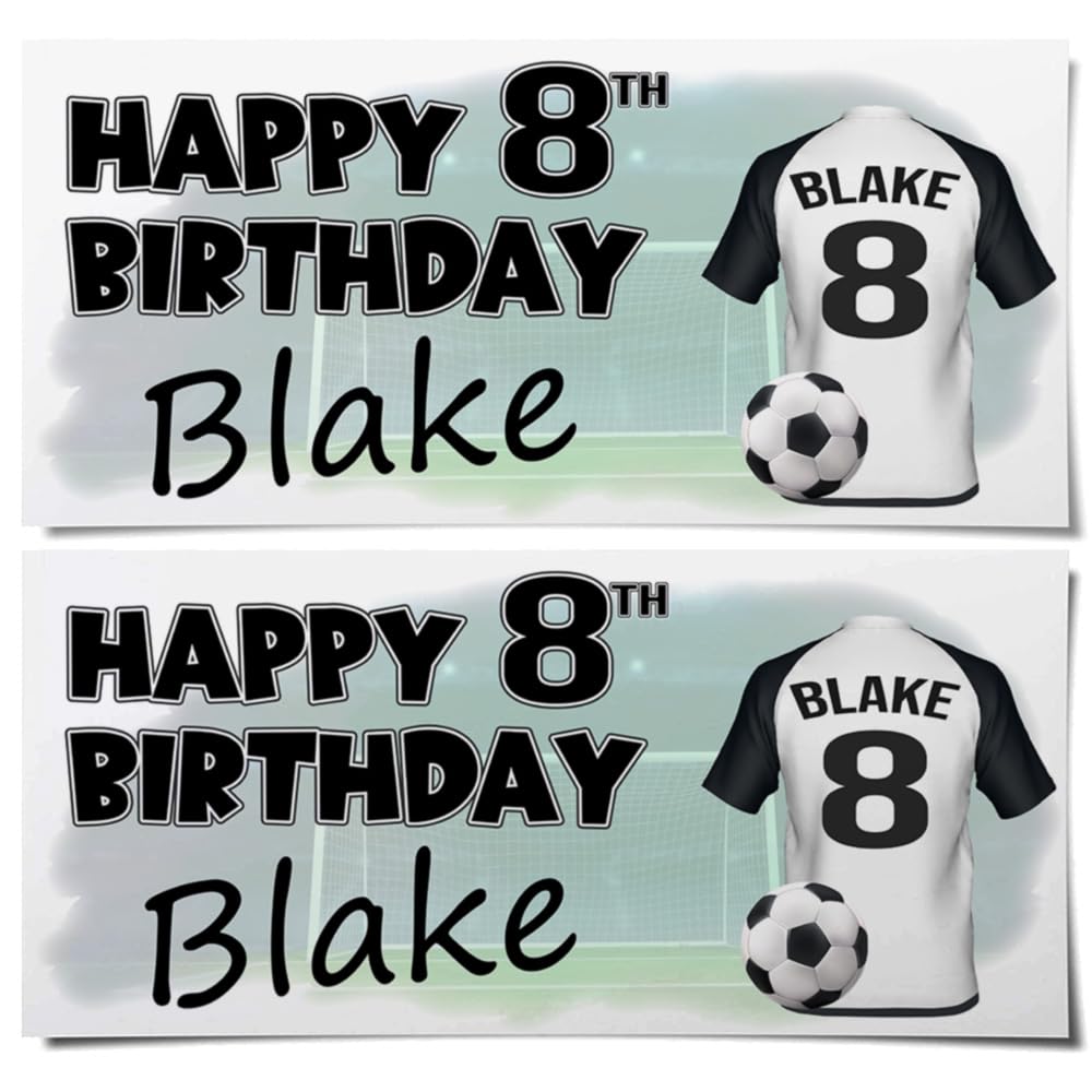 Personalised Football Birthday Banners – White and Black Colour Shirts with Any Name & Age/Number – Boys & Girls Party Decoration – Custom Birthday Supplies (Pack of 4)