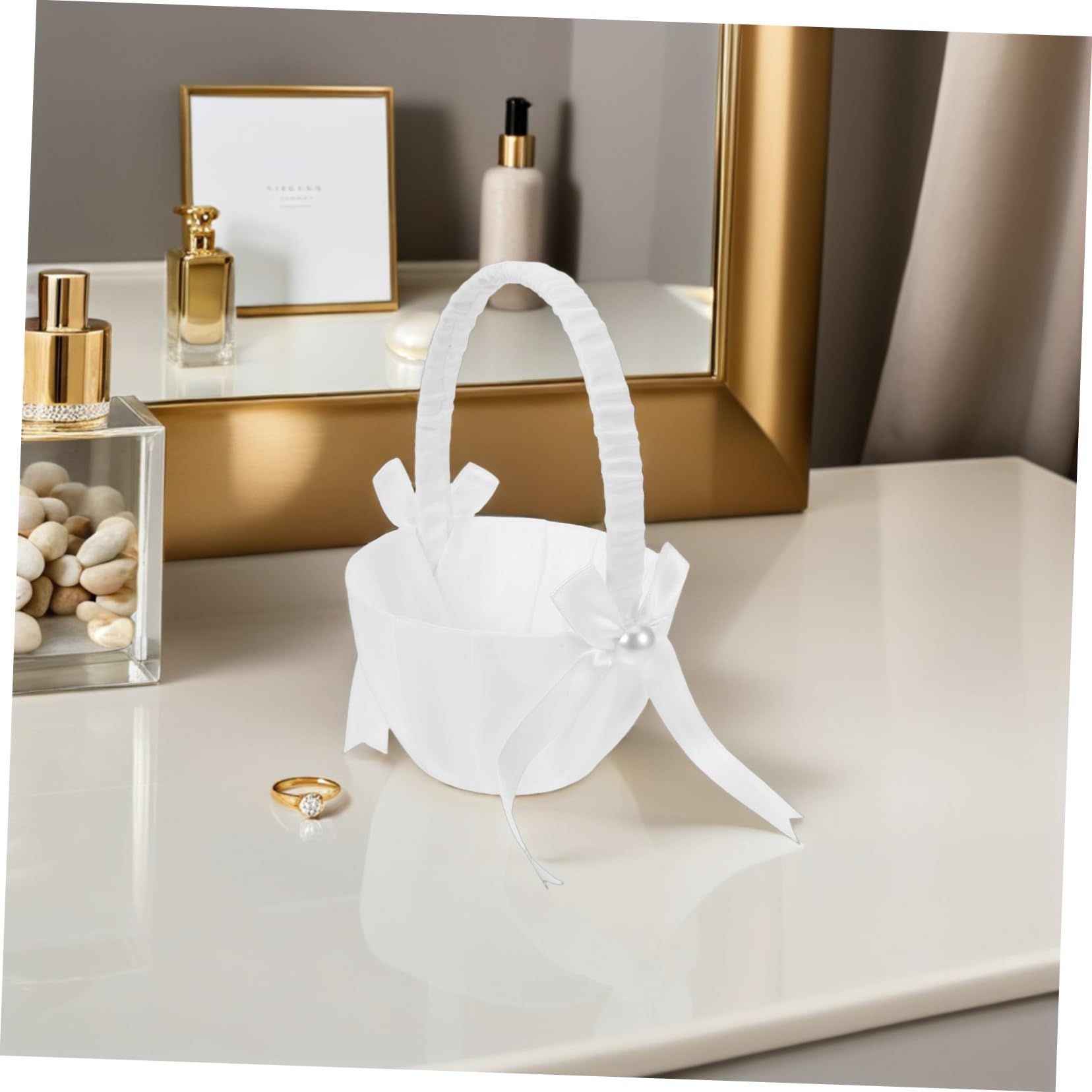 Weißer Blumenmädchenkorb aus Satin mit Perlen, Hochzeit | Schleife, Sicherer Griff, für Blüten oder Sträuße, 4 Stück, Dekorativ für Zeremonien