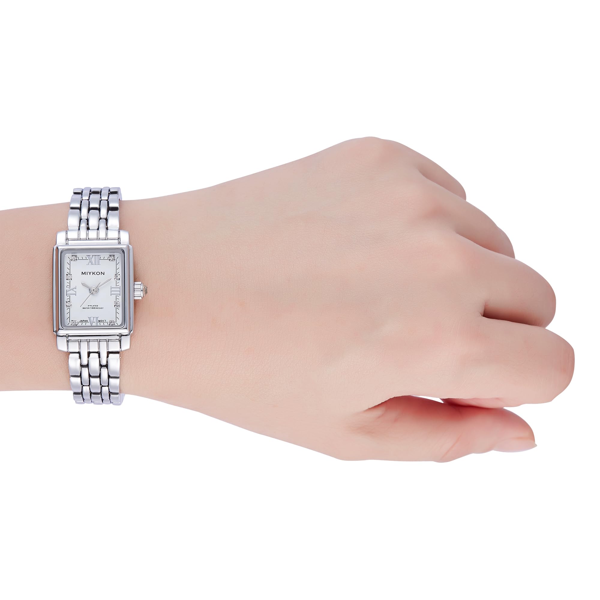 Miykon Silber- und Gold-Uhren für Damen, kleine, quadratische, zierliche Damenuhr mit echten Kristallen, ionenpoliertes Damen-Schmuckarmband, kratzfestes Glas, japanisches Quarz, 30,5 m wasserdicht,