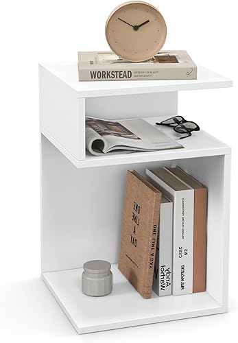 Tangkula Mesa auxiliar en forma de S, mesa auxiliar de madera de 3 niveles con estantes de almacenamiento abiertos, almohadillas antideslizantes