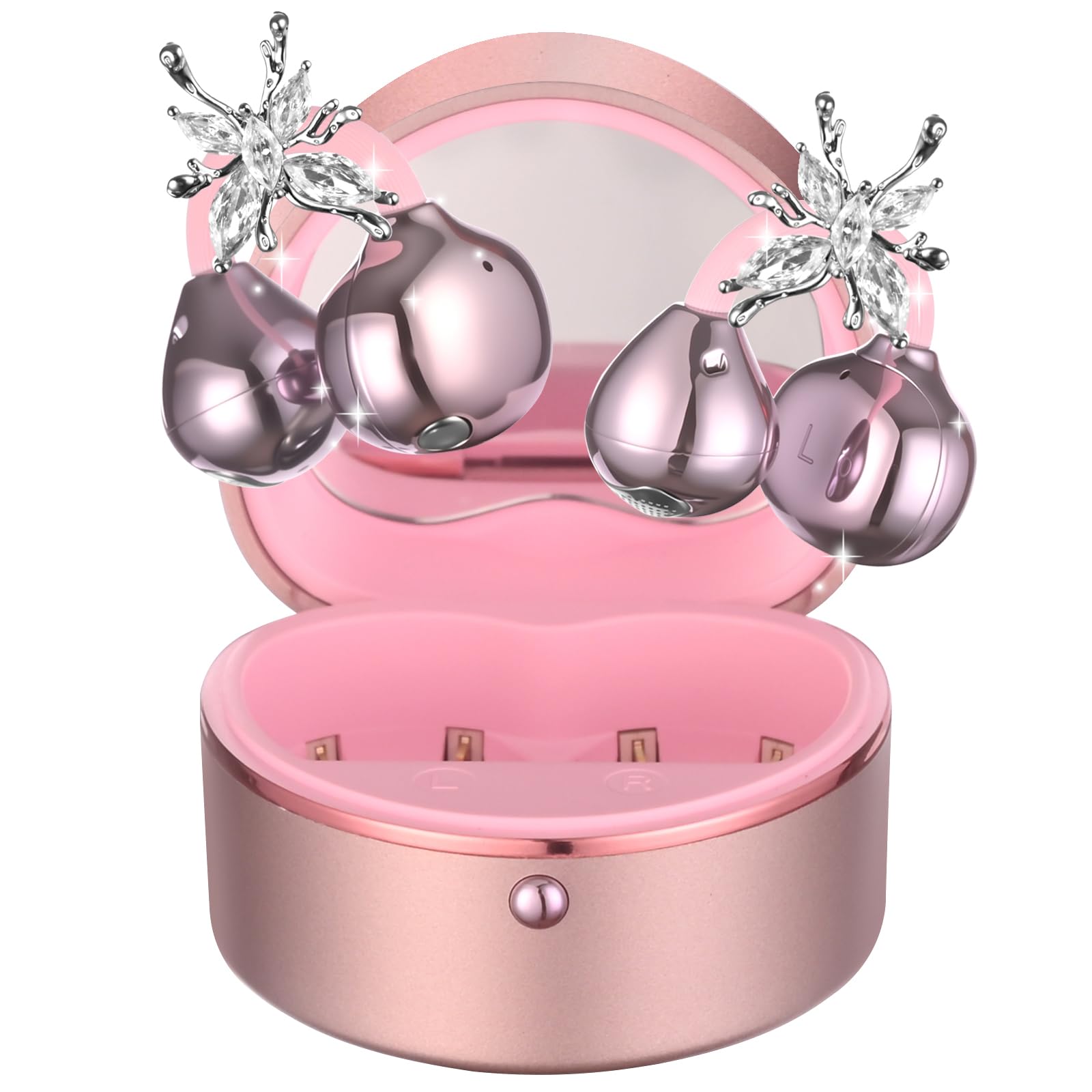 wireless earbuds open ear headphones with diamond earrings, clip-on bluetooh 6.0 ear ruds for woman/girls/gifts, 50h playtime, comfortable fit & deep bass clear sound (rose gold)