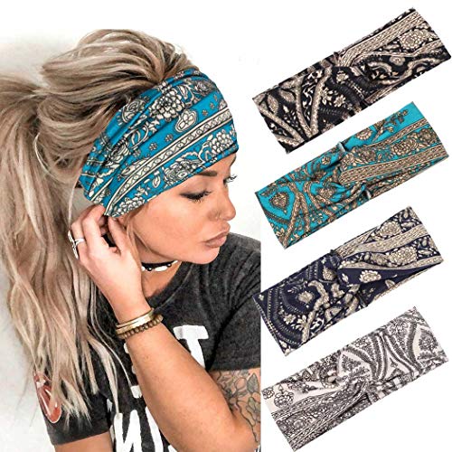 Gortin Boho Headbands Criss Cross Hair Bands Stretch Yoga Sweatband Turban Tie Dye Wide Head Wraps Twist Head Bands for Women and Girls4 Pcs (B-Boho)