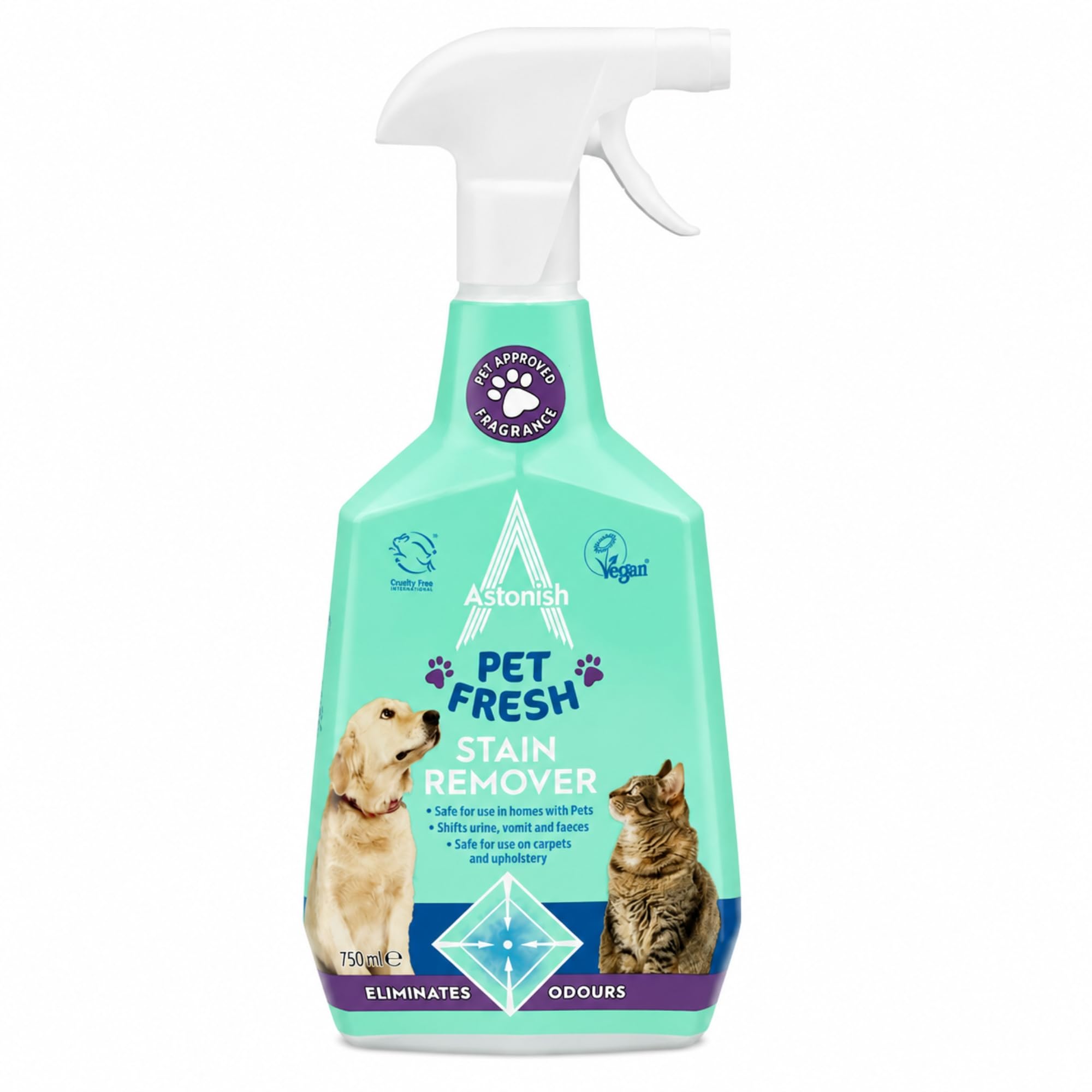 Pet Odour & Stain Remover Spray – Pet-Safe, Vegan, Cruelty-Free 750ml – Made in UK – Eliminates Dog & Cat Urine, Faeces & Vomit Stains from Carpets & Upholstery