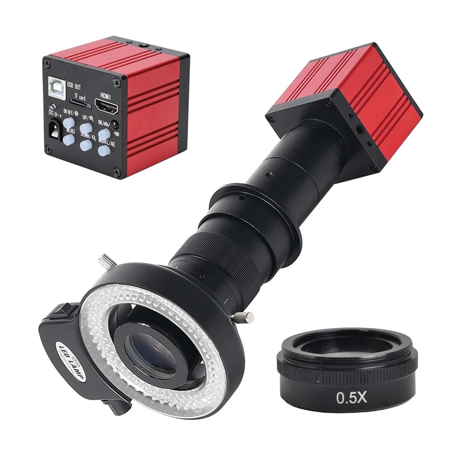 51MP 60FPS Microscope Camera 180X Lens HDMI USB 1080P Industrial Electronic Digital Microscope for Phone Repair PCB Soldering(Red Camera Full kit)