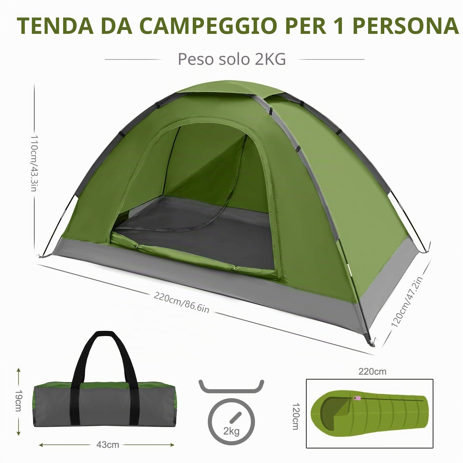 Tenda Campeggio 1 Posti - Tenda da Campeggio a Cupola Leggera Tenda da Zaino in Spalla con Schermo Anti Zanzare Trasparente 3000 mm Impermeabile, Borsa per il Trasporto, ombra parasole