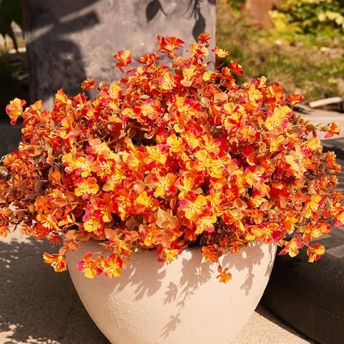 Artificial Fall Flowers Faux mums for Outdoor Indoor Garden Home Decoration, Faux Flower Daisy with Eucalyptus Leaves Fake Mums Plants Greenery Boxwood Porch Patio, Bundles (20, Artificial Mums)