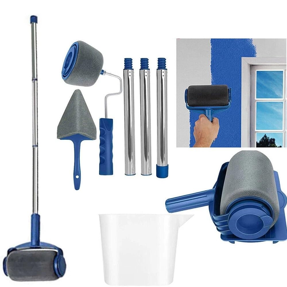 8PCS Paint Runner Pro Roller Brush Set with Handle & Extension Poles | Wall Painting Kit with Flocked Edger, Corner Cutter, Tray & Pour Jug | Reusable DIY Wall Ceiling Paint Roller