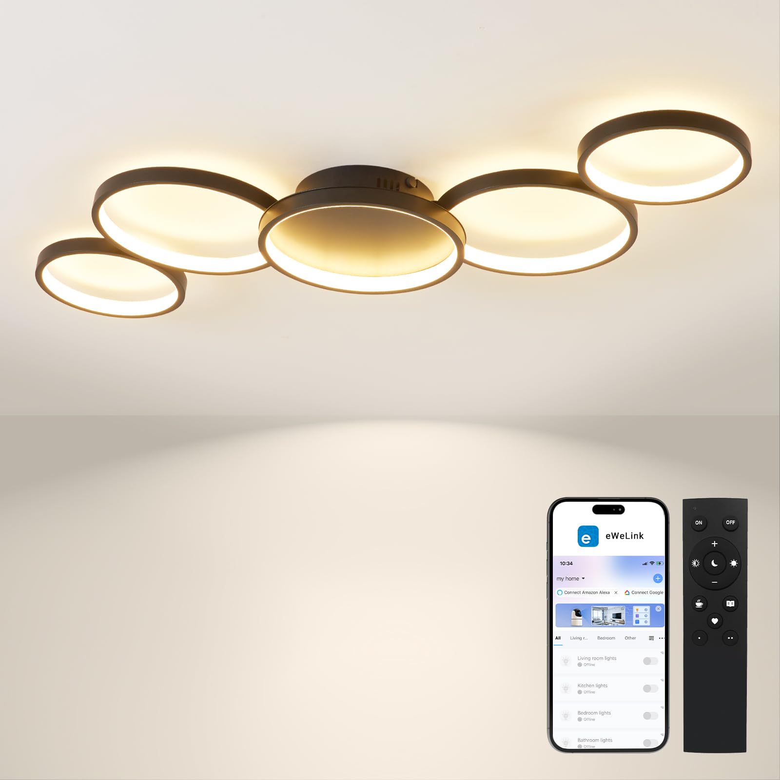 BAYHT Deckenlampe mit Fernbedienung, Wohnzimmerlampe with Matter Kompatibel eWeLink App, 56W 5600lm, 3000K-6000K, Modern LED Deckenleuchte Für Schlafzimmer Wohnzimmer (100cm, Schwarz)