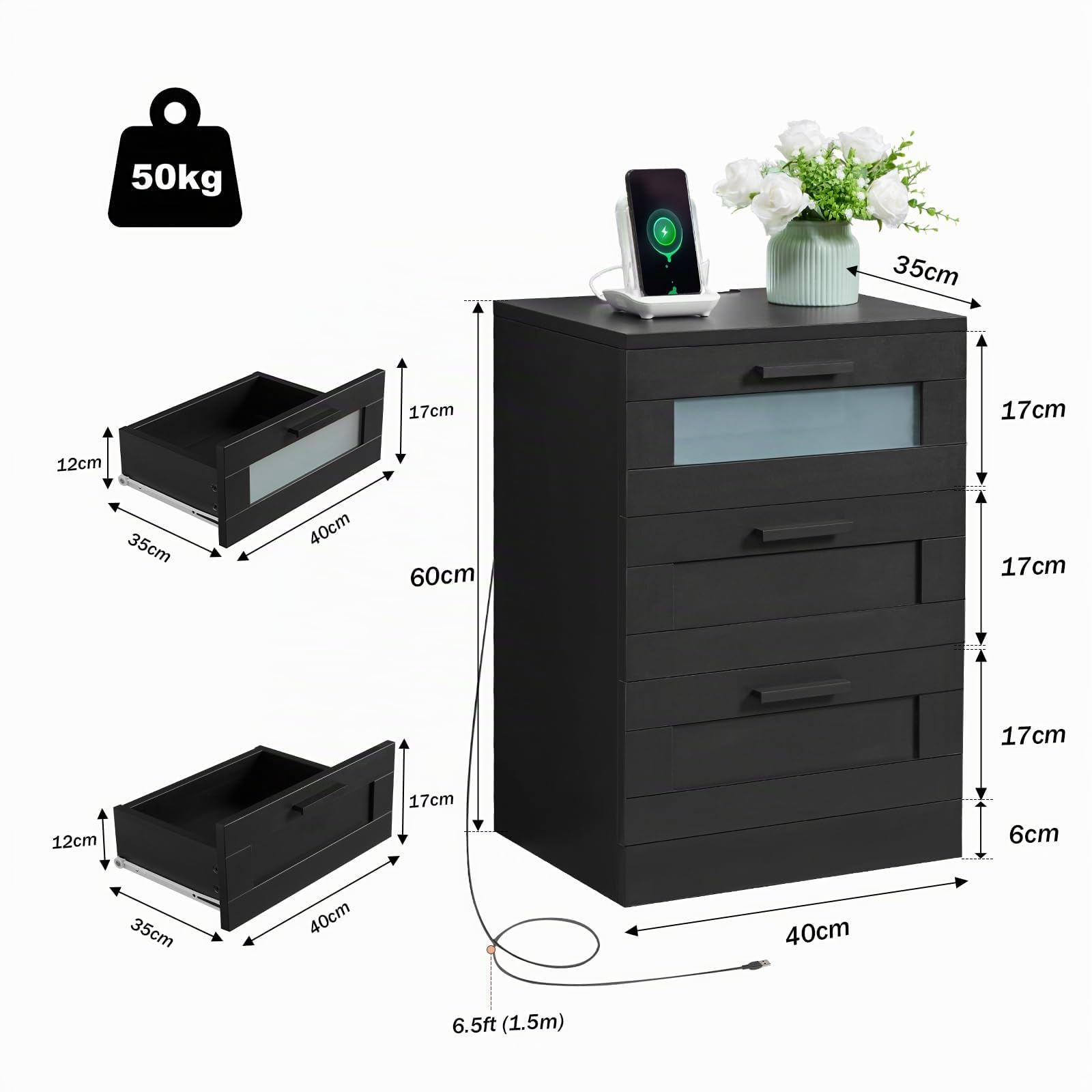 Mesitas de Noche con Luz LED, Mesa Auxiliar con 3 Cajones, Mesilla de Noche con Puerto USB y Type-C, para Dormitorio o Estudio, Moderno (2, Negro)