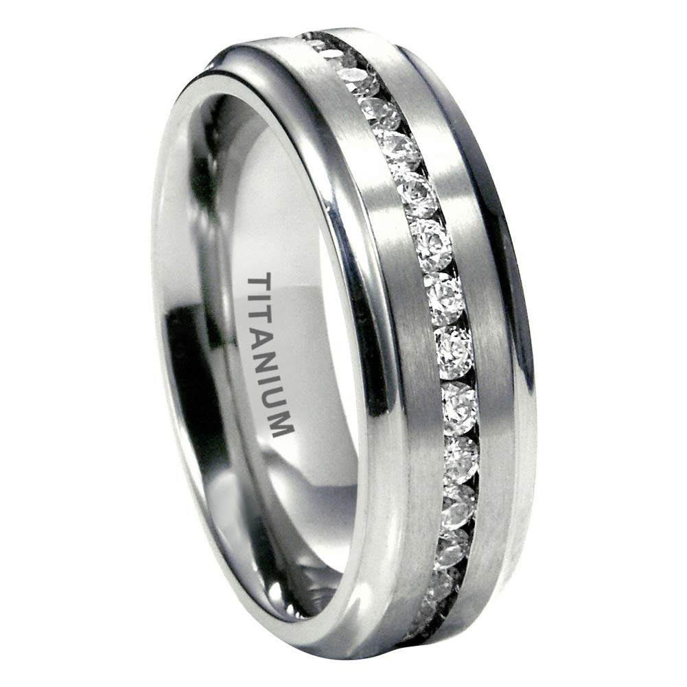 7mm Titanium Rings for Men Women Eternity Wedding Engagement Bands White/Blue Cubic Zirconia Inlay Beveled Edges Matte Finish Comfort Fit