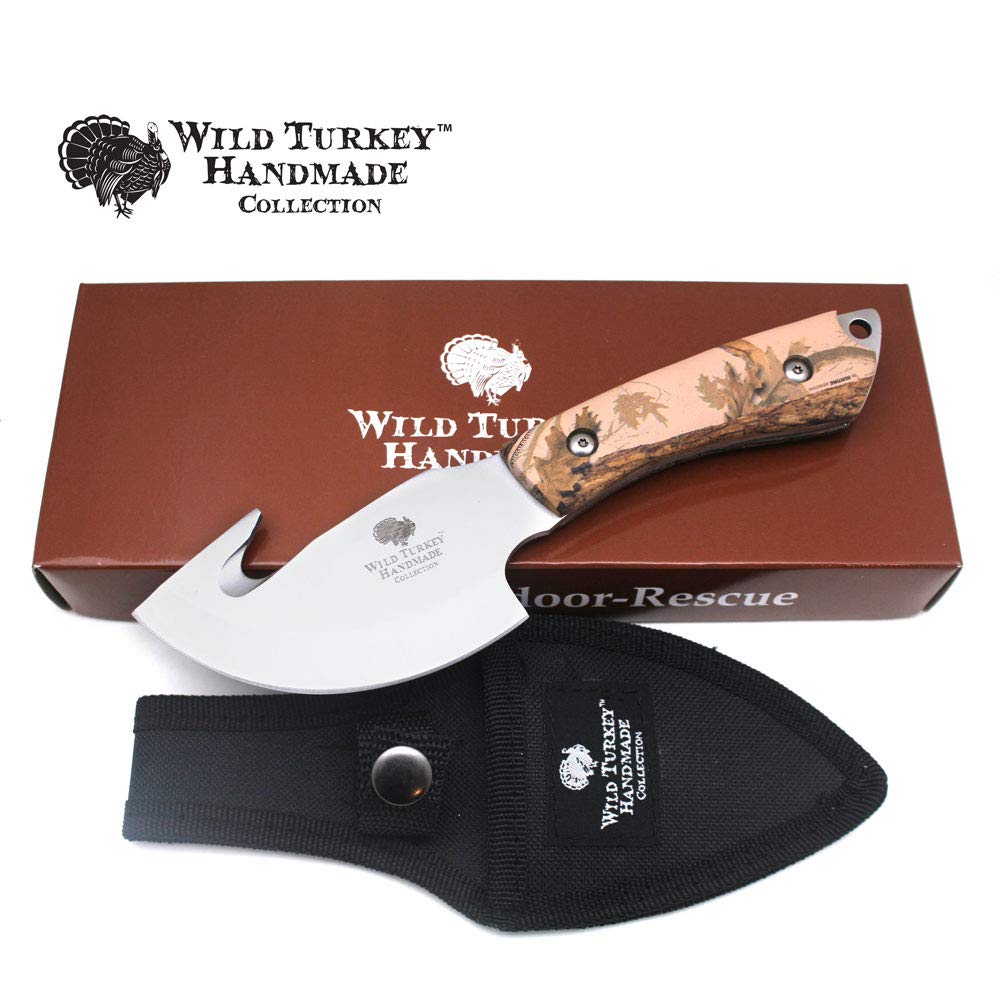 Wild Turkey Handmade Collection Full Tang Fixed Blade Gut Hook Skinner Knife w/Leather Sheath. (Camo)