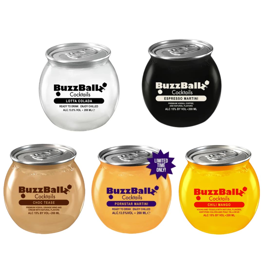BuzzBallz Mix Set 13,5% vol. – 5 x 200 ml Cocktails – Pina Colada, Pornstar Martini, Espresso Martini – Fertige Cocktails – Geschenkset von Plug'N'Pour inkl. Sticker – [Enthält Sulfite]
