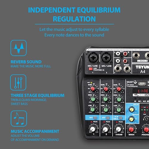 Miniatura 3 de TEYUN Mezclador portátil profesional de 4 canales, consola de mezcla de sonido, entrada de computadora, número de alimentación de 48 V, transmisión