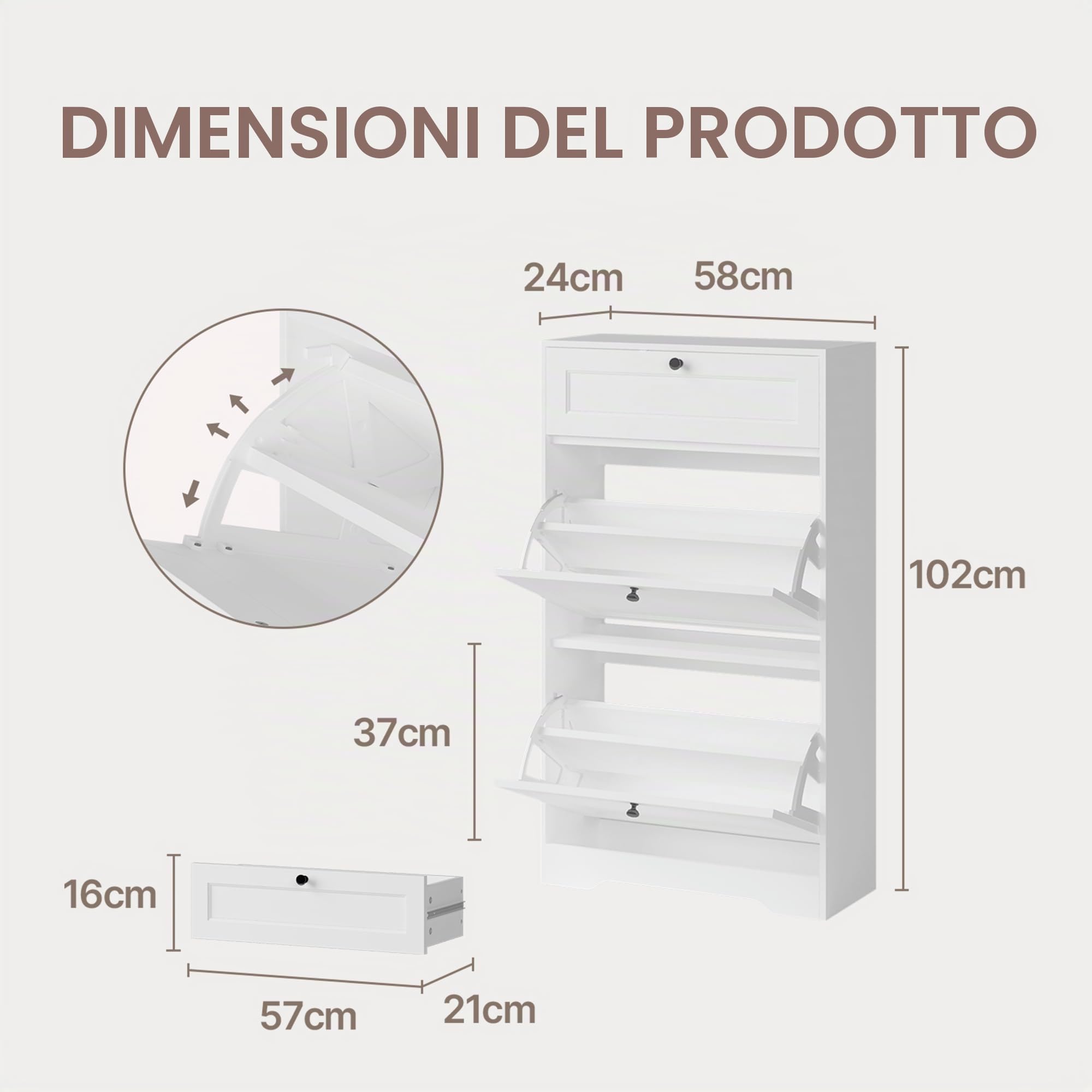 Xbro Scarpiera Slim Salvaspazio da Ingresso, Mobile Scarpiera Stretta 60 cm con 2 Ante a Ribalta e 1 Cassetto, Profondità 24 cm, Sistema Anti Ribaltamento, 60x24x102 cm, Bianco