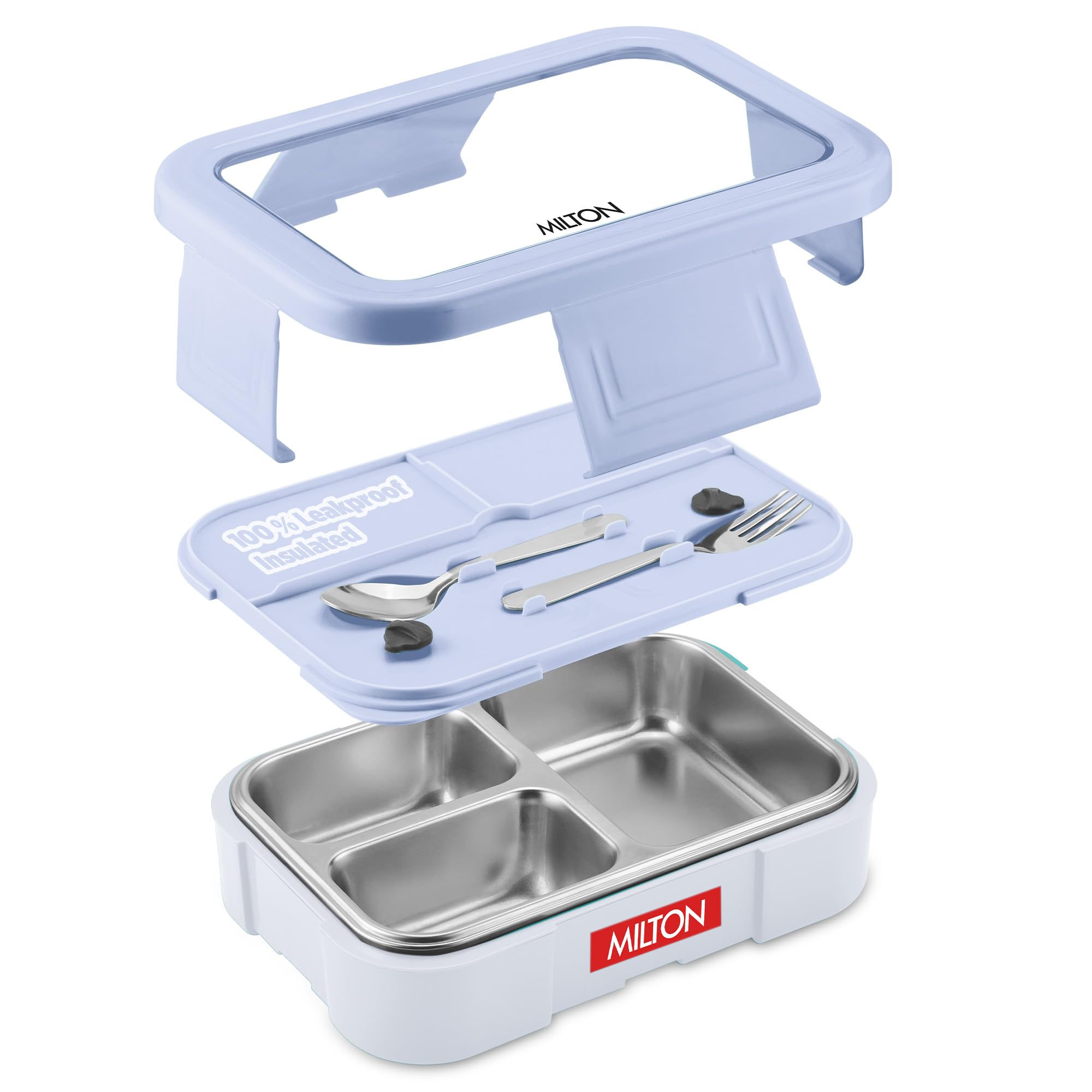 Milton Ethan 3 Inner Stainless Steel Tiffin Box for School, 3 Partition, Steam Release Plug | PU Insulated, Leak-Proof, Food Grade I Lunch Box for Kids Boys, Girls with Snap Lock Lid, 600 ml, Sky Blue
