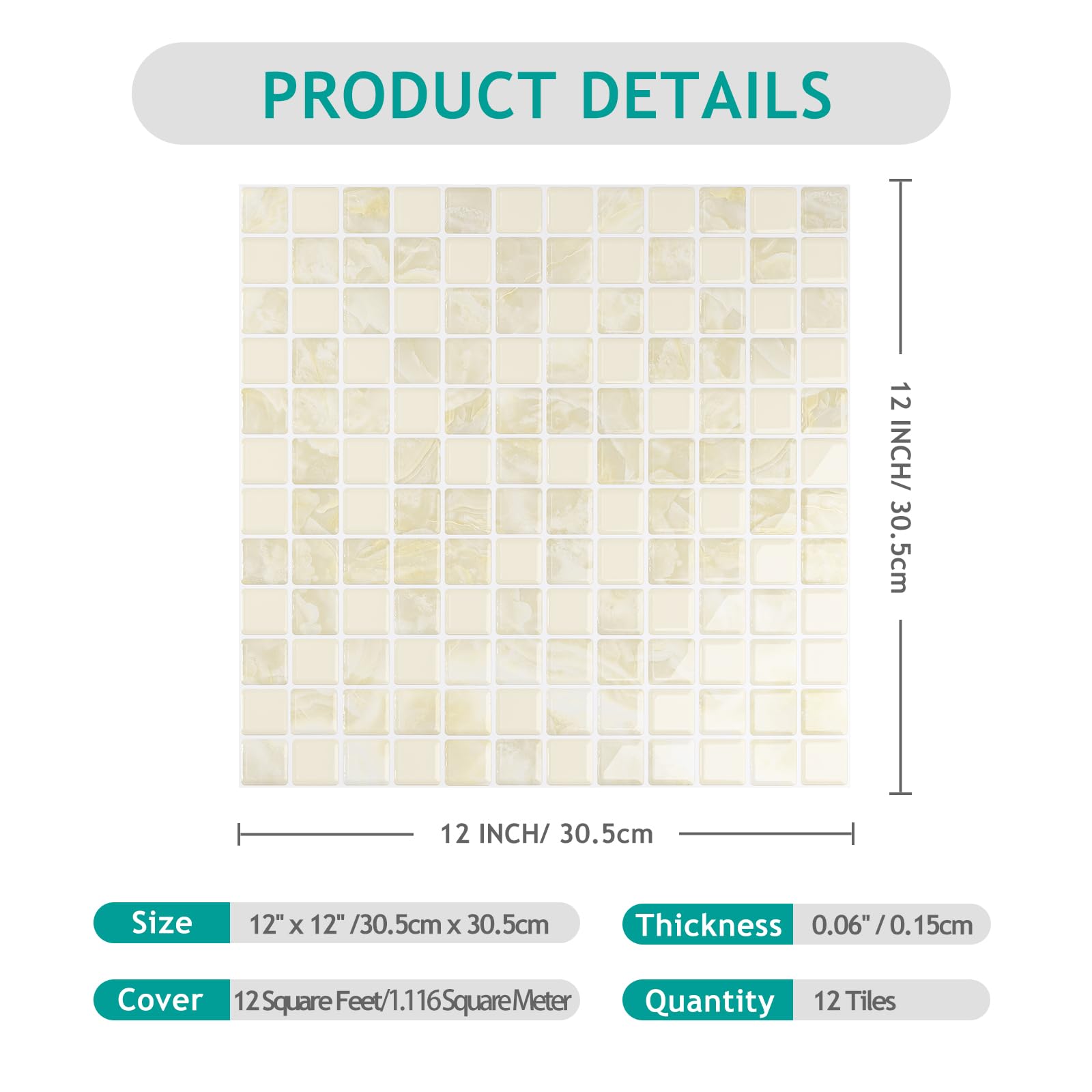 VEELIKE 12 fogli di piastrelle color crema beige con mosaico per paraschizzi e paraschizzi, per cucina e bagno, impermeabili, adatte per affittuari, paraschizzi, paraschizzi, per pareti della cucina,