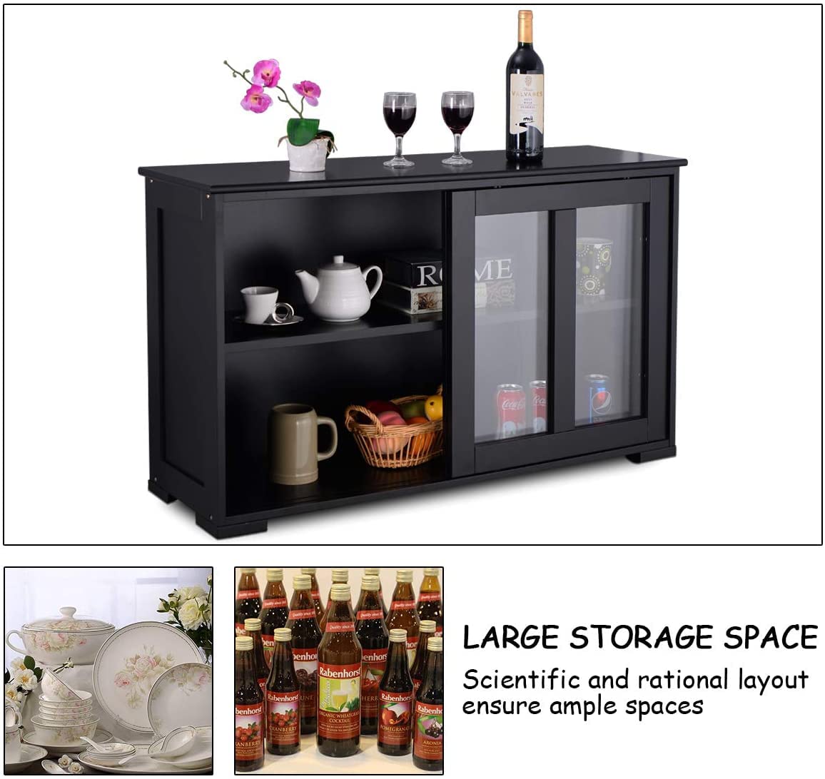 Armario de almacenamiento apilable de cocina con estantes de altura ajustable y puertas correderas de vidrio, aparador de consola de buffet, color negro 8