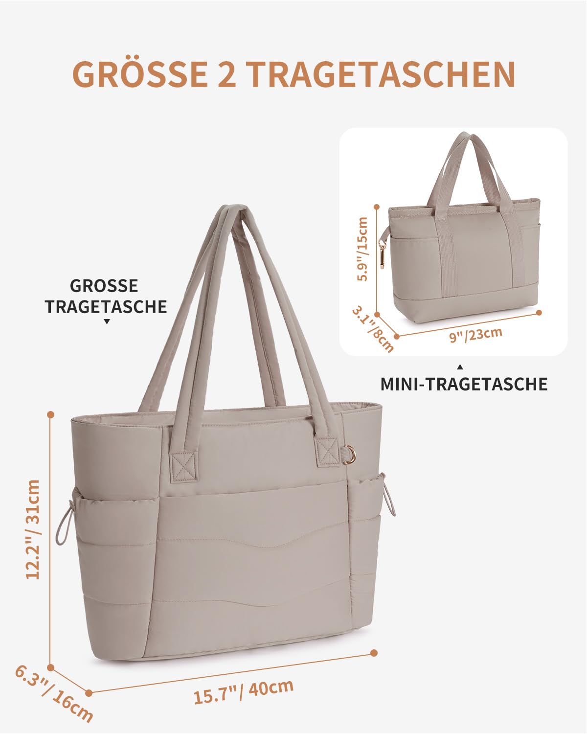 Wandering Nature Handtasche Damen Tote Bag 2-Tlg Puffer Shopper Tasche mit Laptopfach (15,6 Zoll) & Getränkehalter (40oz/1.18l), Ideal für Arbeit Schule Reisen Shopping (Patent Angemeldet)