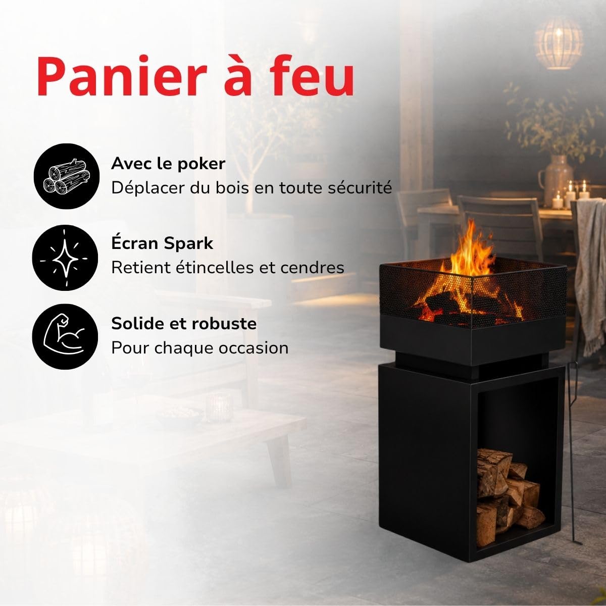 BBQ Collection Brasero Exterieus avec Pare-Étincelles - Cheminée de Jardin 39 x 39 x 85 cm - Cheminée Decoration Jardin Exterieur et Rangement du Bois de Chauffage - Acier au Carbone