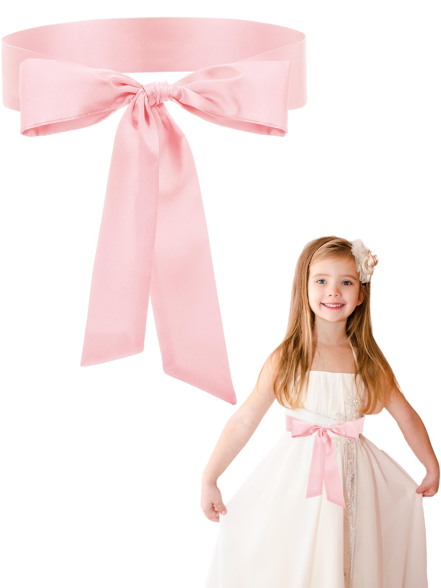 Glitopper Satin Sash Belt for Girls Flower Girl Sash Long Waist Belts for Wedding Party Special Occasion 2'' Wide (Pink)