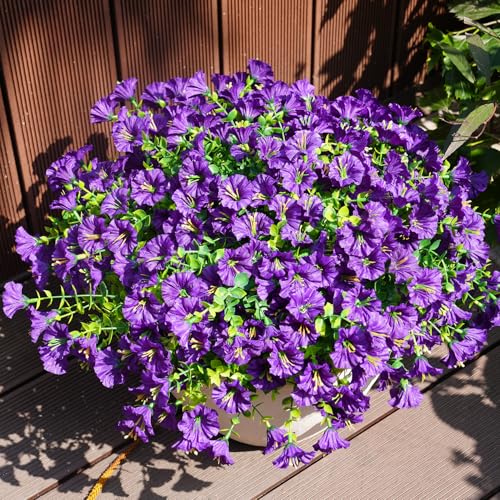 Image of Artificial Flowers for Outdoors, UV Resistant Fake Silk Morning Glory, Realistic Faux Plants for Outside Porch Patio Window Box Hanging Planter (12, Purple)