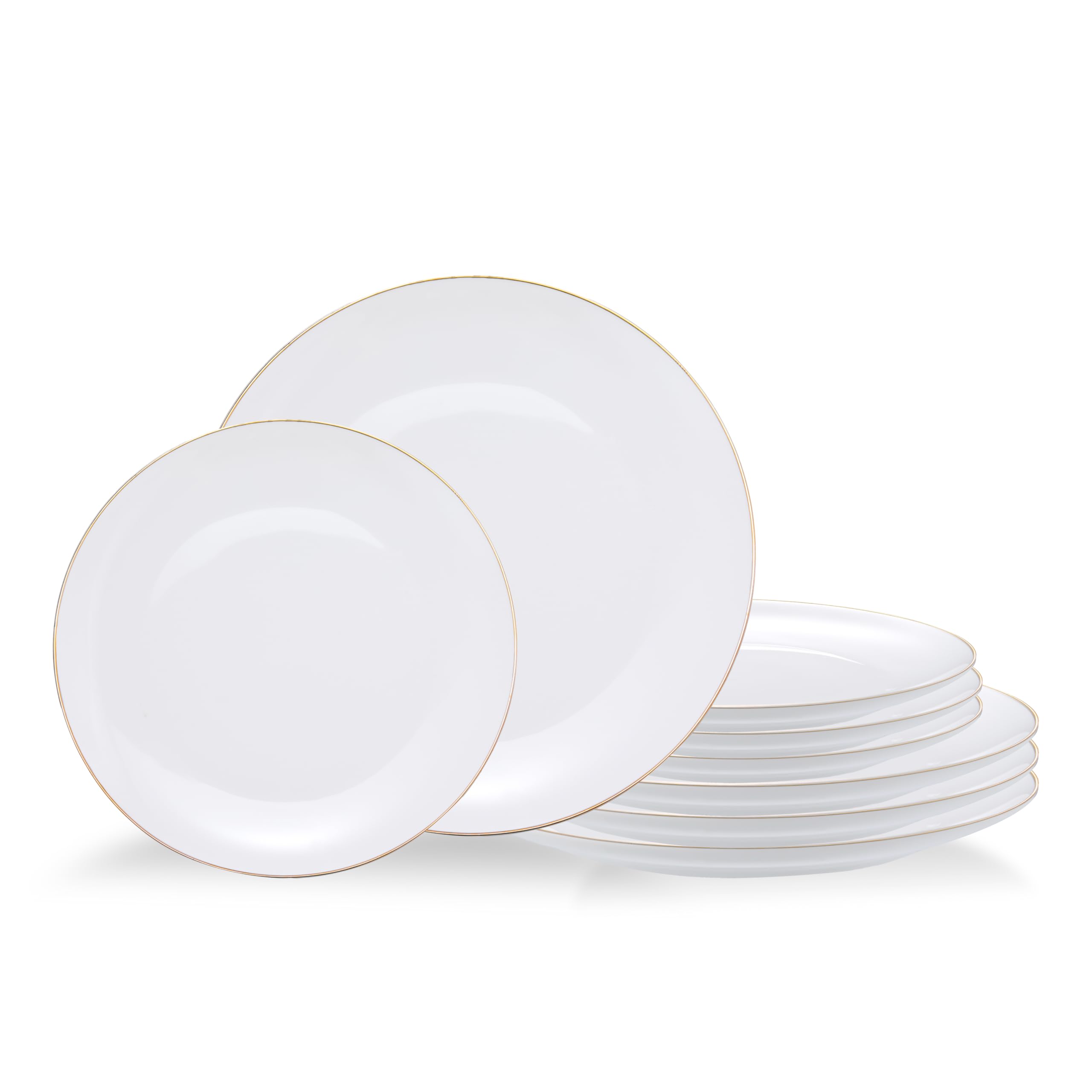 8 Piece White Golden Rim Ceramic Dinnerware Set - Box of 4 Small Plates & 4 Large Plates - Reactive Glaze Porcelain Dishware - Modern design - Stackable