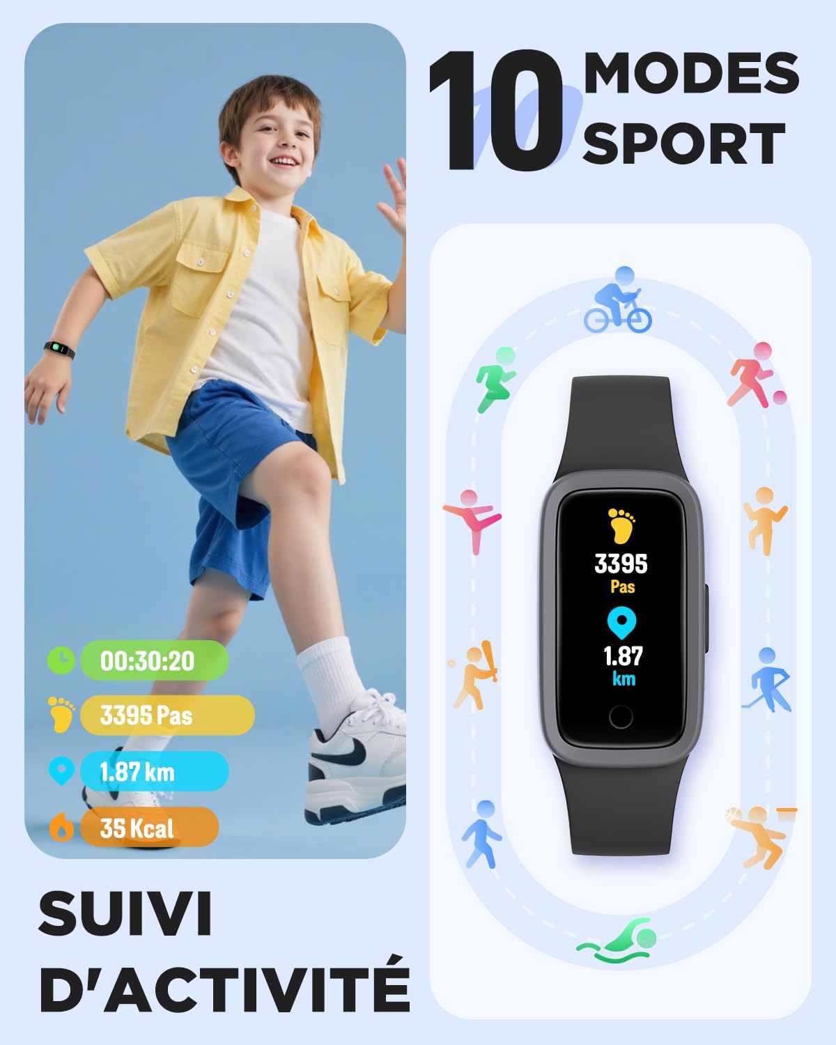 Montre Connectée Enfant Vigor 3, Écran AMOLED pour Garçons Filles 5-15 Ans | Étanche 3ATM, Sans App ni Smartphone, Podomètre, Alarme vibrante, Fréquence cardiaque, Moniteur de sommeil, 10 modes de sport