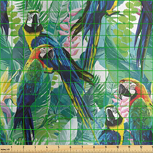 Lunarable Parrots Fabric by The Yard, Colorful Parrots Tropic Flowers Warm Weather Gardens Vacation Traveling, Decorative Satin Fabric for Home Textiles and Crafts, 1 Yard, Navy Blue Green Yellow