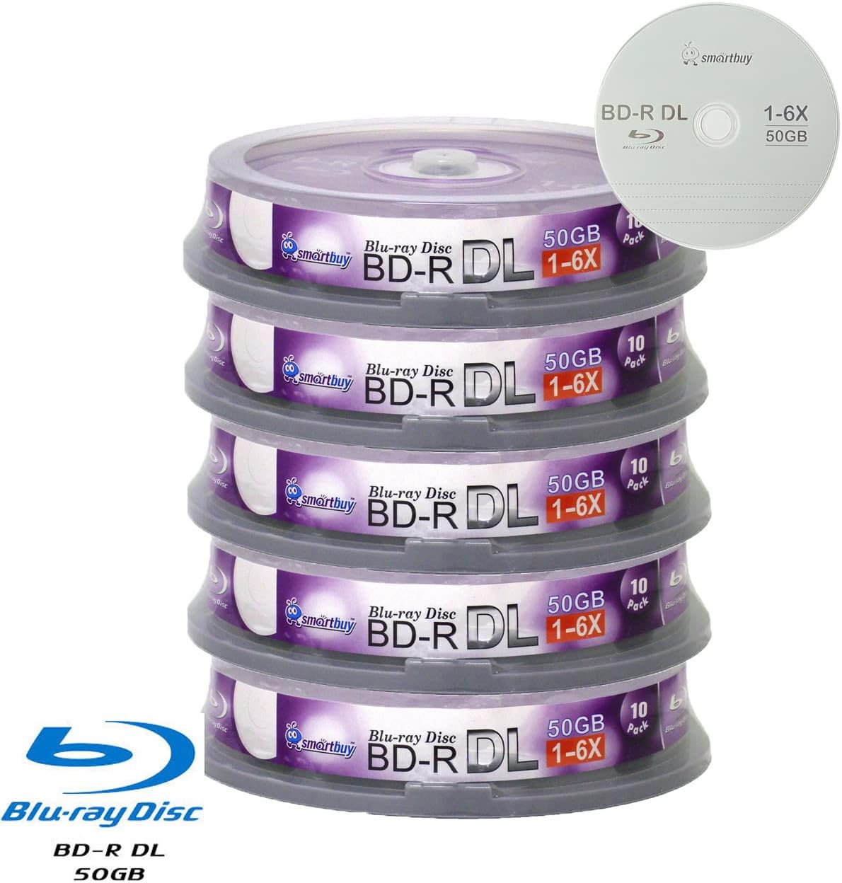 Smartbuy 50-disc 50gb 6X Blu-ray Bd-r Dl Dual Layer Double Layer Logo Top Surface Blank Data Video Recordable Media Disc with Cakebox/Spindle Packing