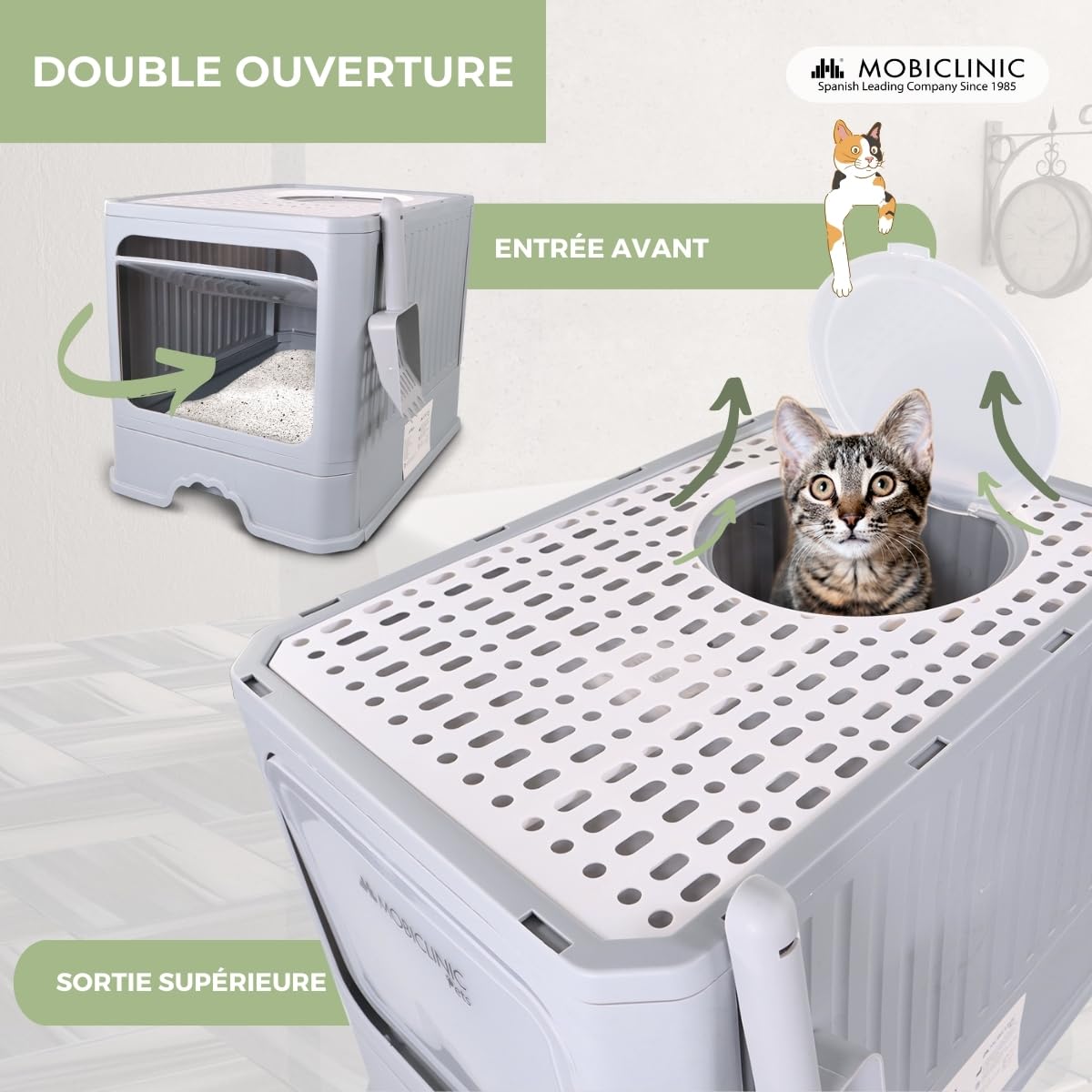 Mobiclinic® Pets, Bac à litière pour Chats Couvert, Tiroir Amovible, Inclus Une Pelle, Catbox, Double entrée Frontale et supérieure avec Couvercle, Grille, Démontable