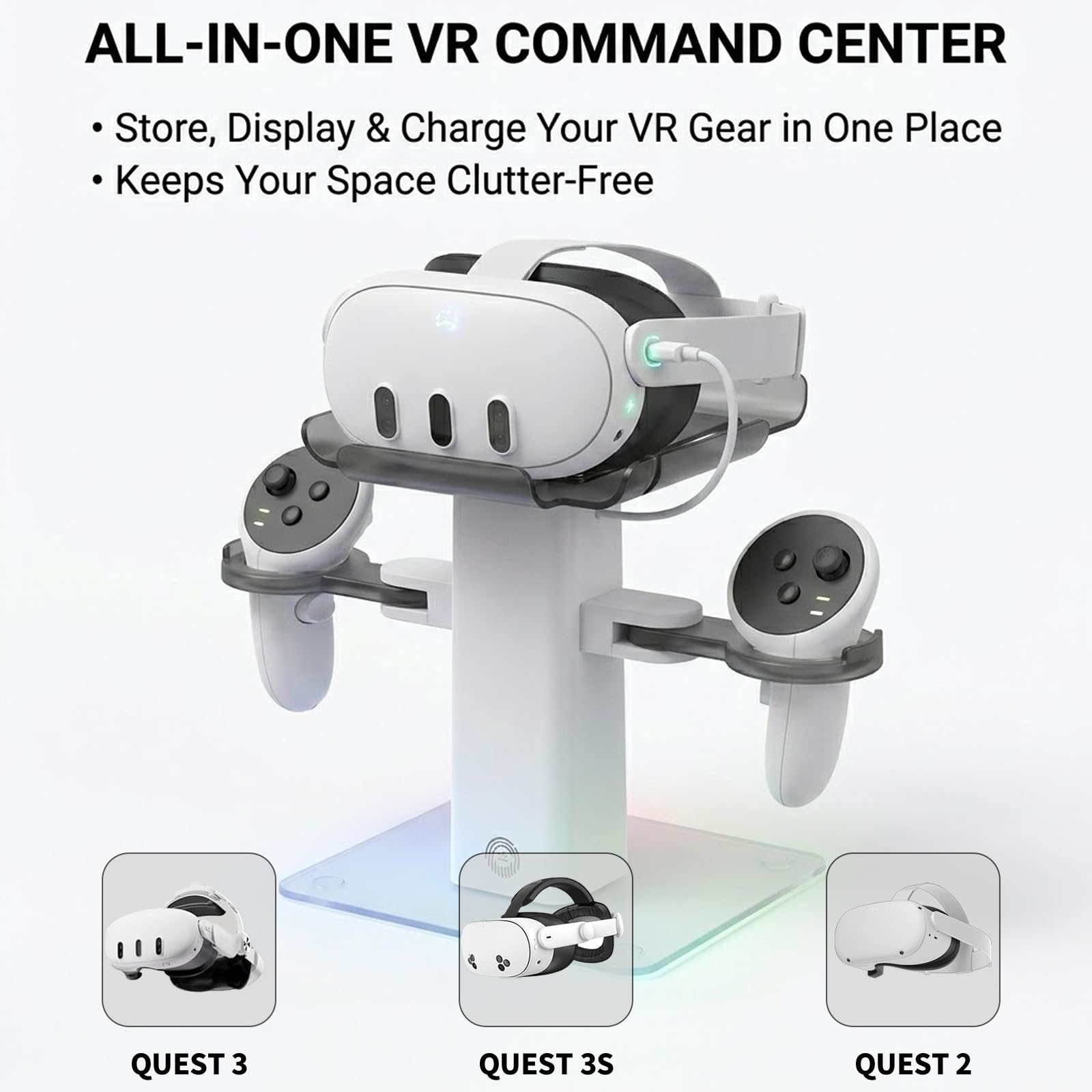 RGB Charging Dock Compatible with Meta Quest 3S/3/2,Vertical VR Headset Charger & Controller Holder with Adjustable Tray (White) — view 2