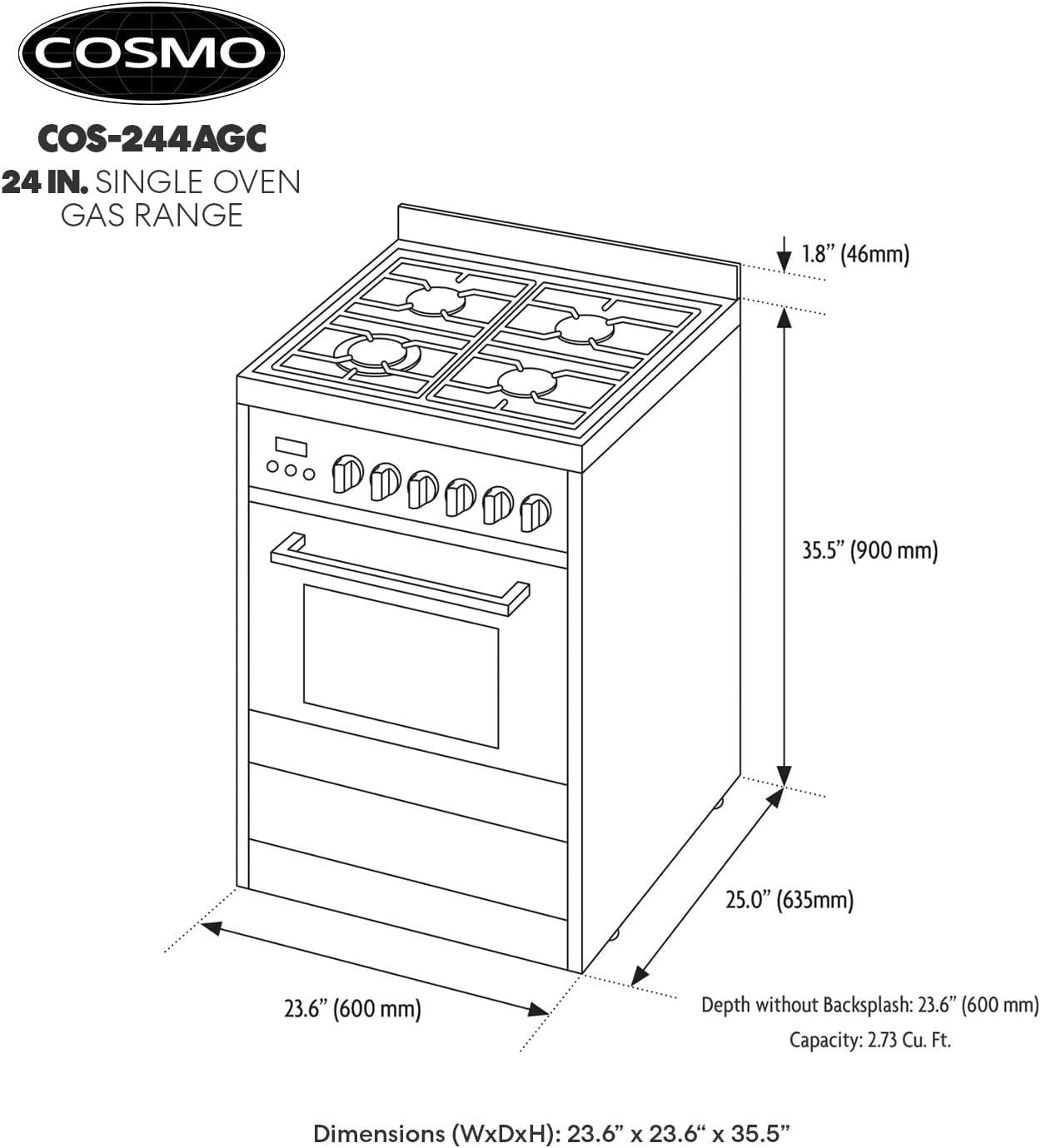 24" Stainless Steel Gas Range with Convection Oven and Sealed Burners