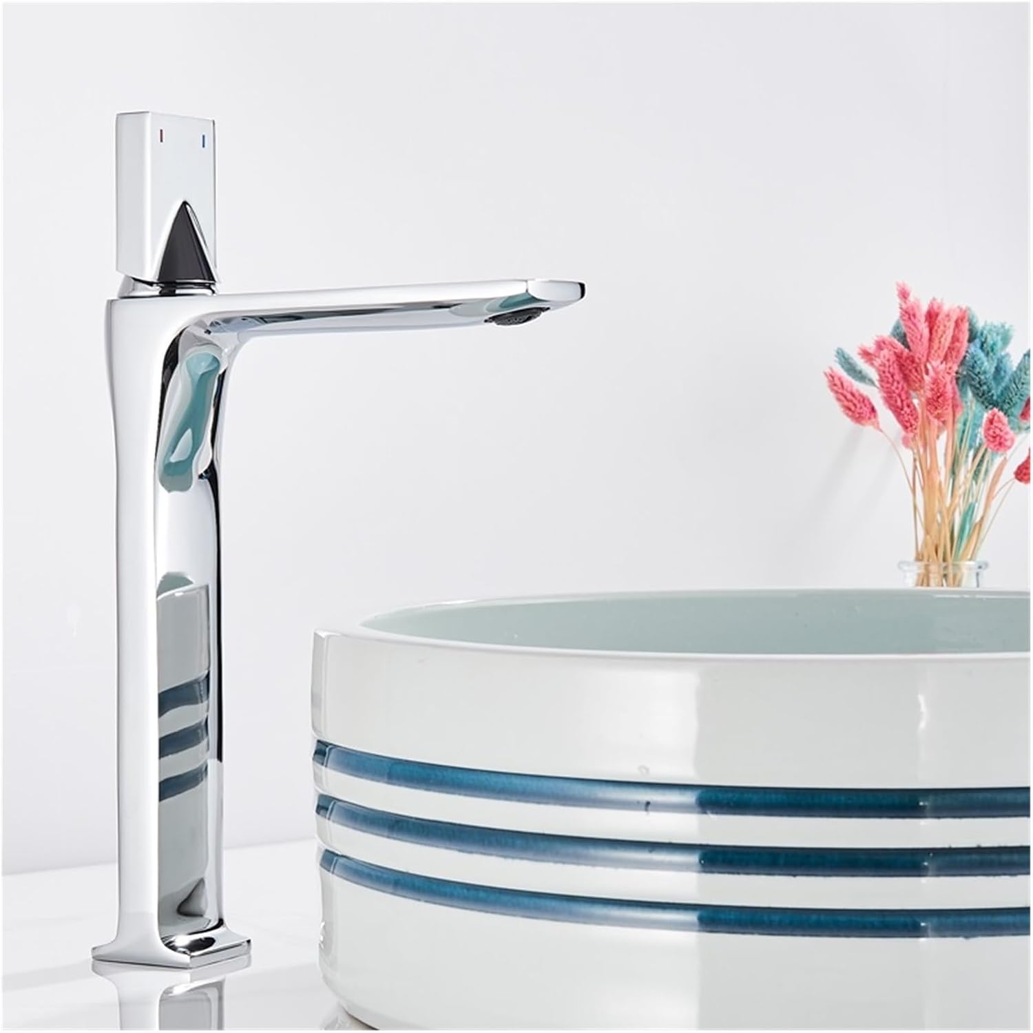 Bathroom Basin Sink Faucet countertop Installation Square Brass high Faucet Single Handle hot and Cold Water Mixing Faucet(Chrome)