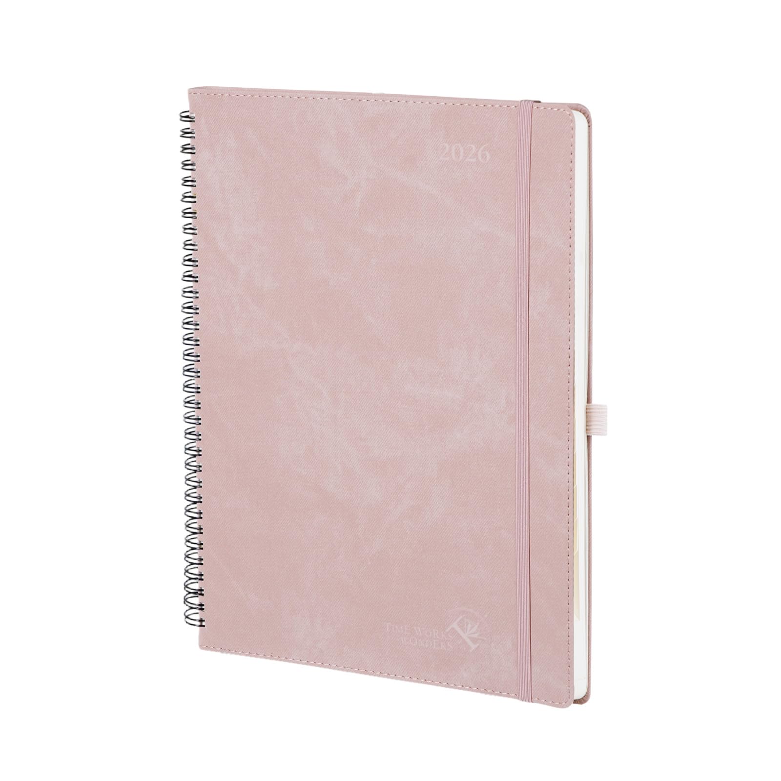 POPRUN 2026 Large A4 Week to View Diary 29.7 x 21 cm in French - Soft Cover PU Leather Spiral 15 Minute Intervals Jan 2026 to Dec 2026 100gsm Paper Pink
