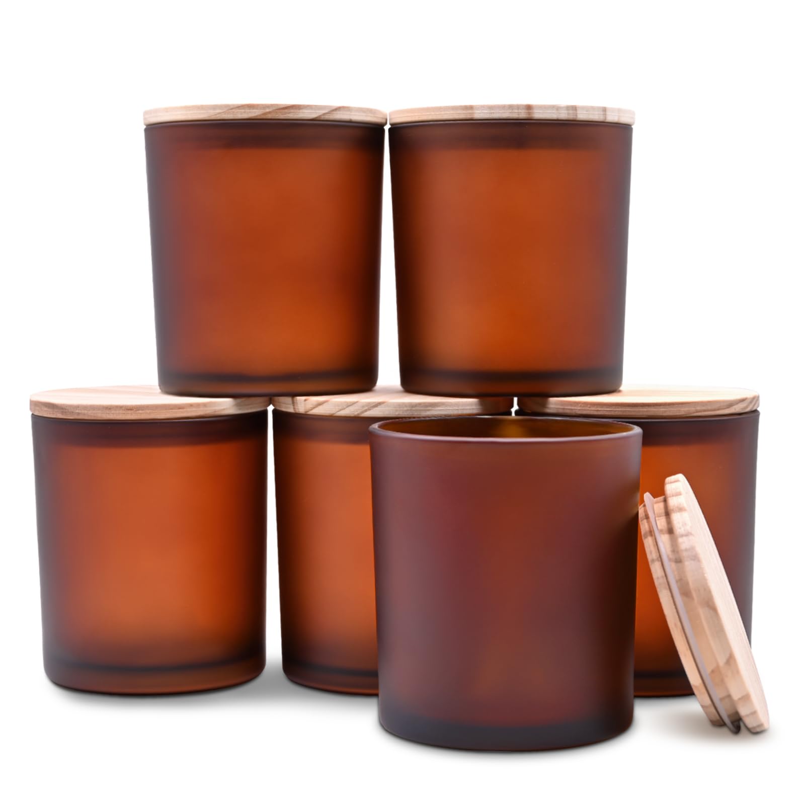 SHOWIN 400 ml dicke Kerzengläser zur Herstellung von Kerzen, leere Gläser mit Holzdeckel für Gewürzgläser, Probenbehälter, Frosted Brown