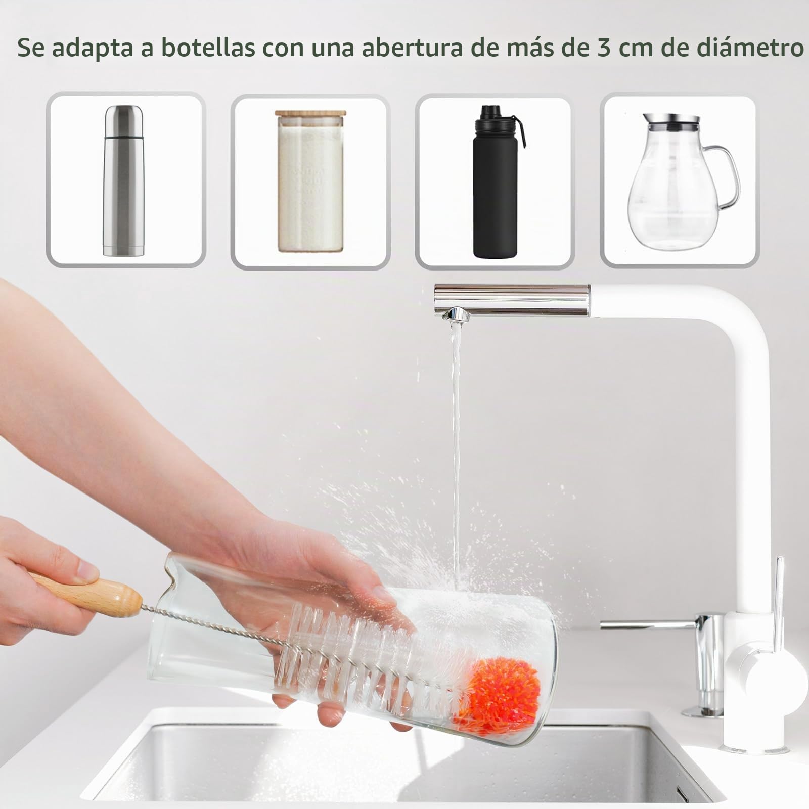 Juego de 3 Cepillo Limpia Botellas Compatible con Sodastream, Limpiador Botellas por Dentro para Botella de Cristal Agua Biberones