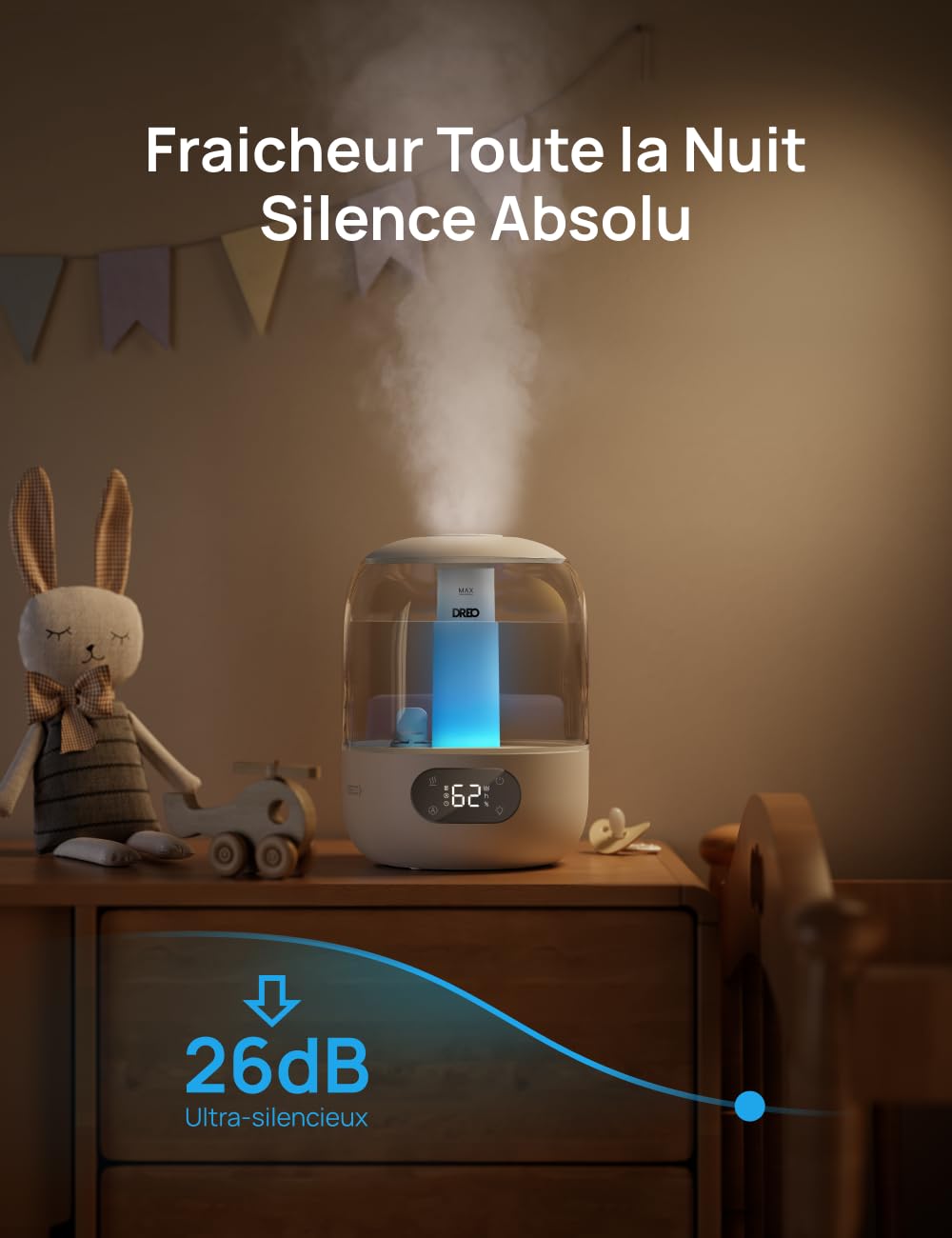 DREO Humidificateur d'air pour chambre à coucher, brume fraîche pour la maison et les grandes pièces, humidificateur silencieux pour bébé, veilleuse, diffuseur essentiel, humidificateur à ultrasons
