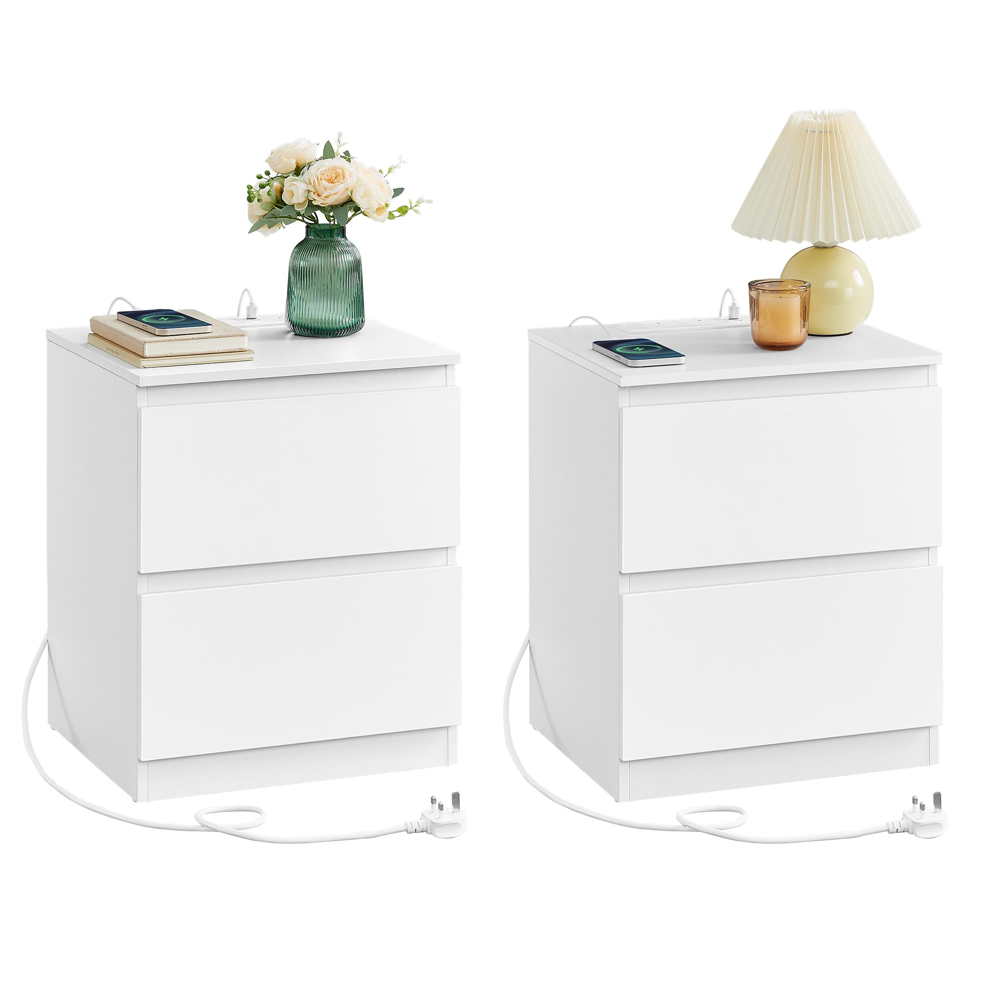 VASAGLE KAILYN Collection - Nightstands with Charging Station, Set of 2 Bedside Tables with Drawers, Side End Tables, 2 AC Outlets, 2 USB Ports, for Living Room, Bedroom, Study, Cloud White LET821W01
