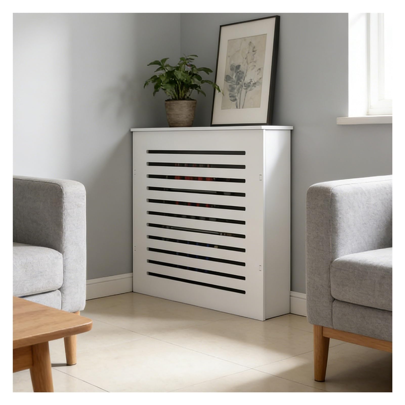 Cubiertas impermeables para radiador para decoración del hogar, cubierta de calentador de listones blancos, excelente permeabilidad al aire, 90 x 100 x 15 cm / 35x39x6in, elegante solución de estante