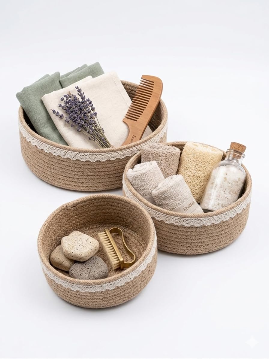 Designer Jute Rope Storage Basket Set of 3| Fruit Basket | Shelve Storage | Hamper Basket |Organiser For Cosmetic/Jewellery With Lace Trim (Beige, Set Of 3, S,M,L)-image-35