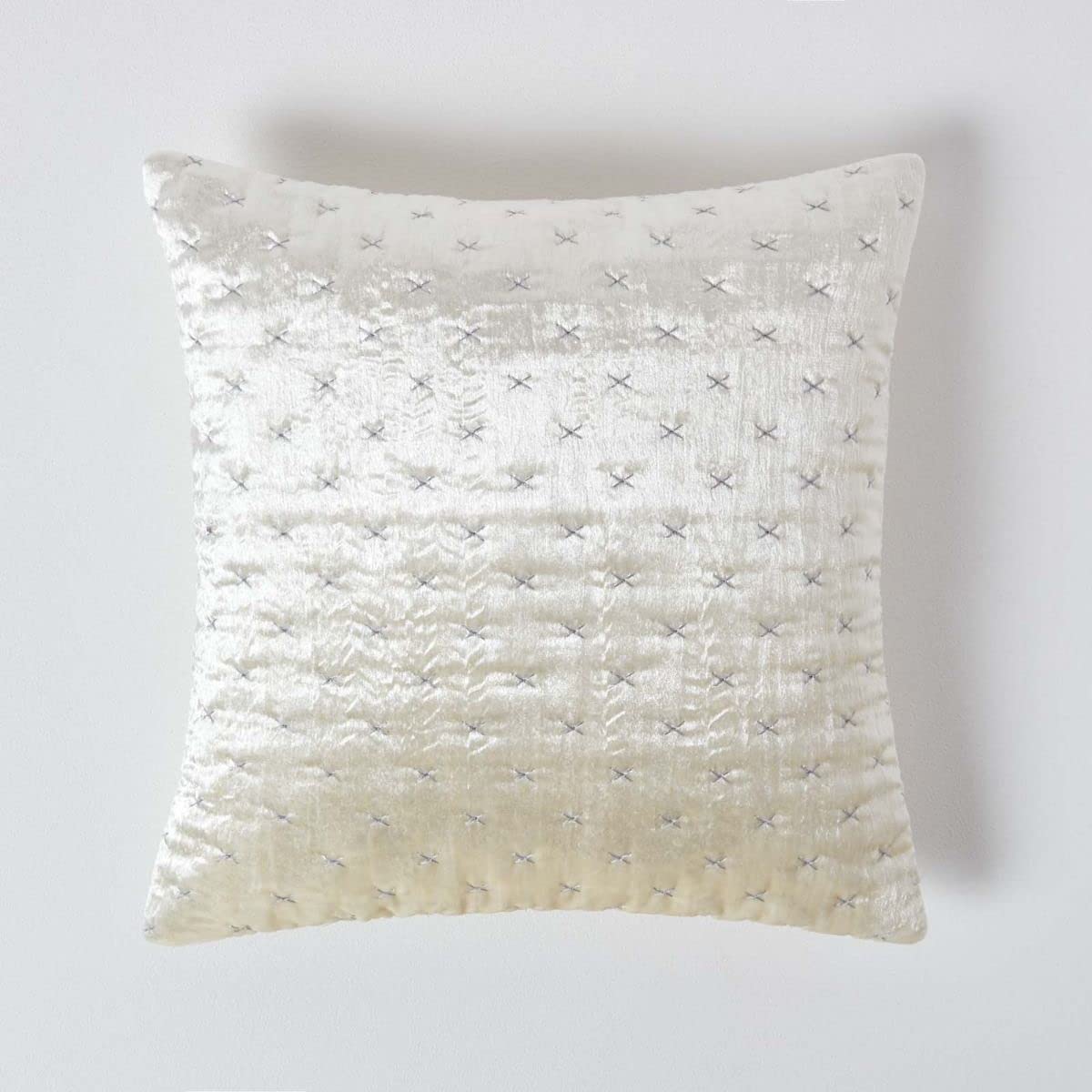 Homescapes Cream 40 X 40 Cm Crushed Velvet Cushion Cover With Embroidered Design Super Soft Off-White Luxury Decorative Square Scatter Cushion Throw Pillow For Sofa Or Bed With Zip Closure