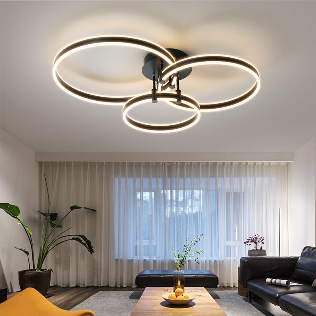 Moderne LED Deckenleuchte 117W dimmbare Deckenlampe mit Fernbedienung 3-Ring Einbau Deckenleuchten schwarzer Metall Kronleuchter Deckenlicht für Wohnzimmer Schlafzimmer Küche Beleuchtungskörpe