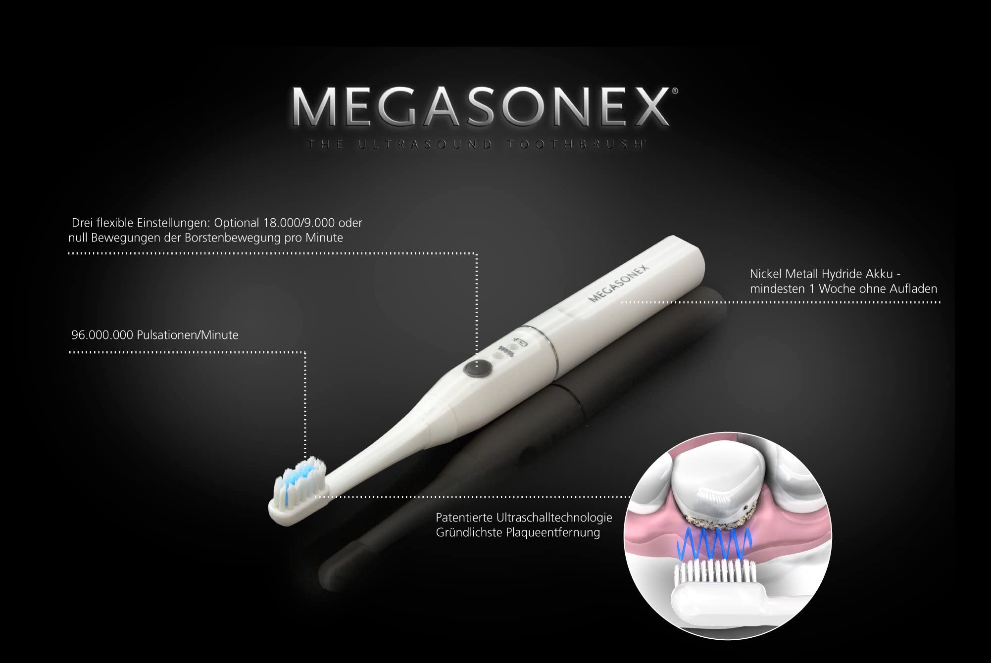 MEGASONEX Ultraschall-Zahnbürste M8 Set - Mit 2 Vibrations-Stufen | zusätzlich inkl. 2x Bürstenköpfe Soft