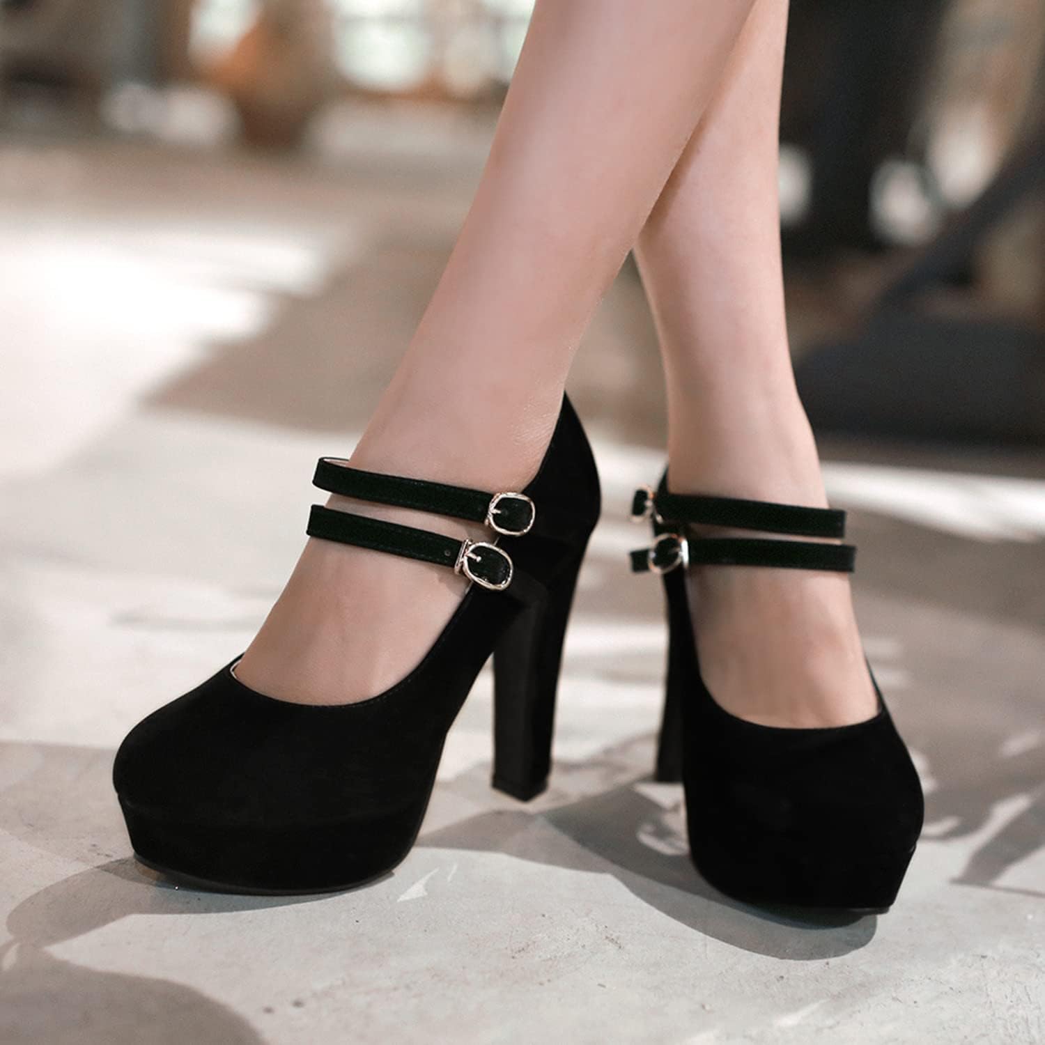 Zapatos de tacón alto con correa de tobillo doble de gamuza clásica, zapatos de fiesta de vestir con punta redonda y bloque grueso para mujer muslo/D/38EU
