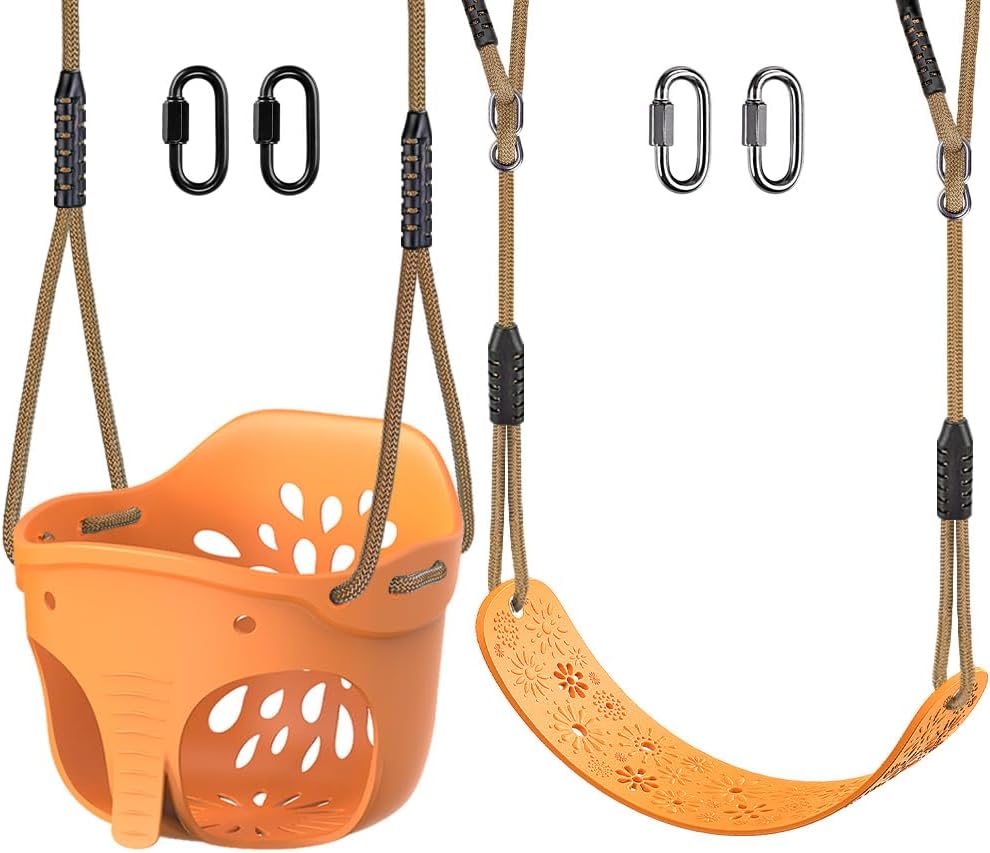 SELEWARE Toddler Swing Set Accessories, High Back Full Bucket Swing Seats with Adjustable Rope and 4 Locking Carabiners, Cute Elephant Shape Design 600LB Capacity (2 Pack) Yellow Bucket Swing with Swing Seat