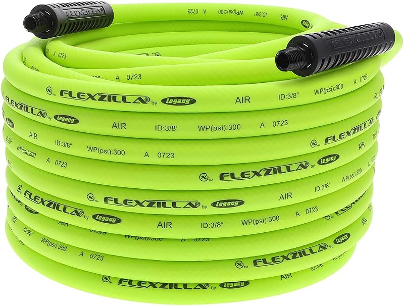 Manguera de compresor de aire Flexzilla, 3/8 pulg. x 100 pies, accesorios MNPT de 1/4 pulg., sin torceduras, para todo tipo de clima, liviano, polímero híbrido premium, 300 PSI, ZillaGreen