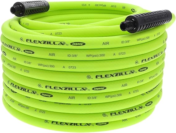Flexzilla Air Hose, 3/8 in. x 100 ft., 1/4 in. MNPT Fittings, Heavy Duty, Lightweight, Hybrid, ZillaGreen - HFZ38100YW2